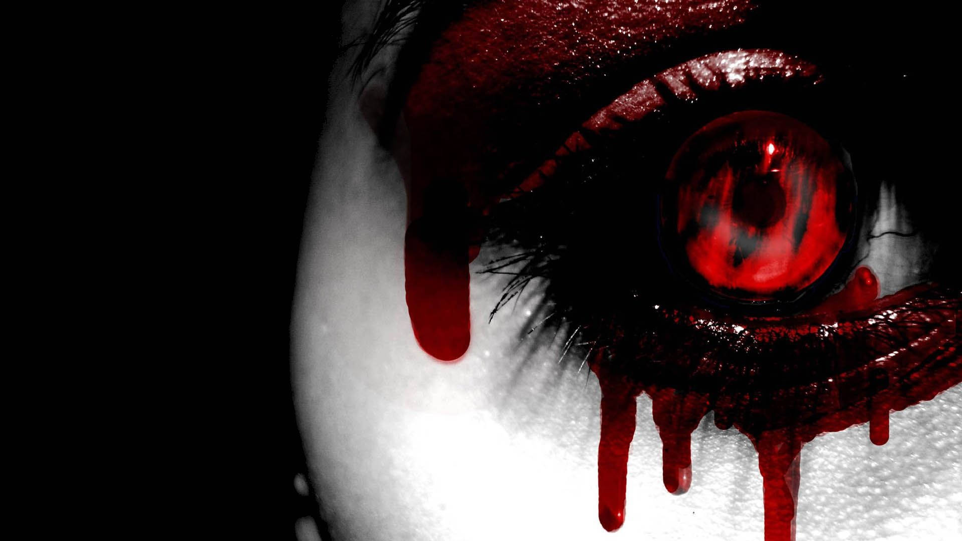 creepy red bloody eye, vivid red iris, blood dripping from eyelashes, Full HD Desktop Wallpaper