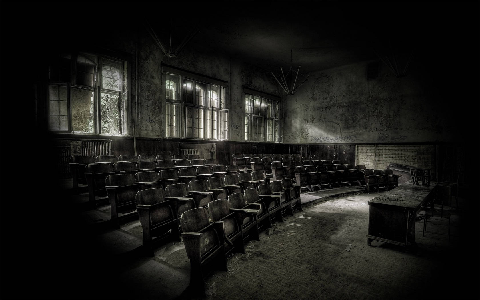 black horror, empty classroom, dimly lit, HD Desktop Wallpaper