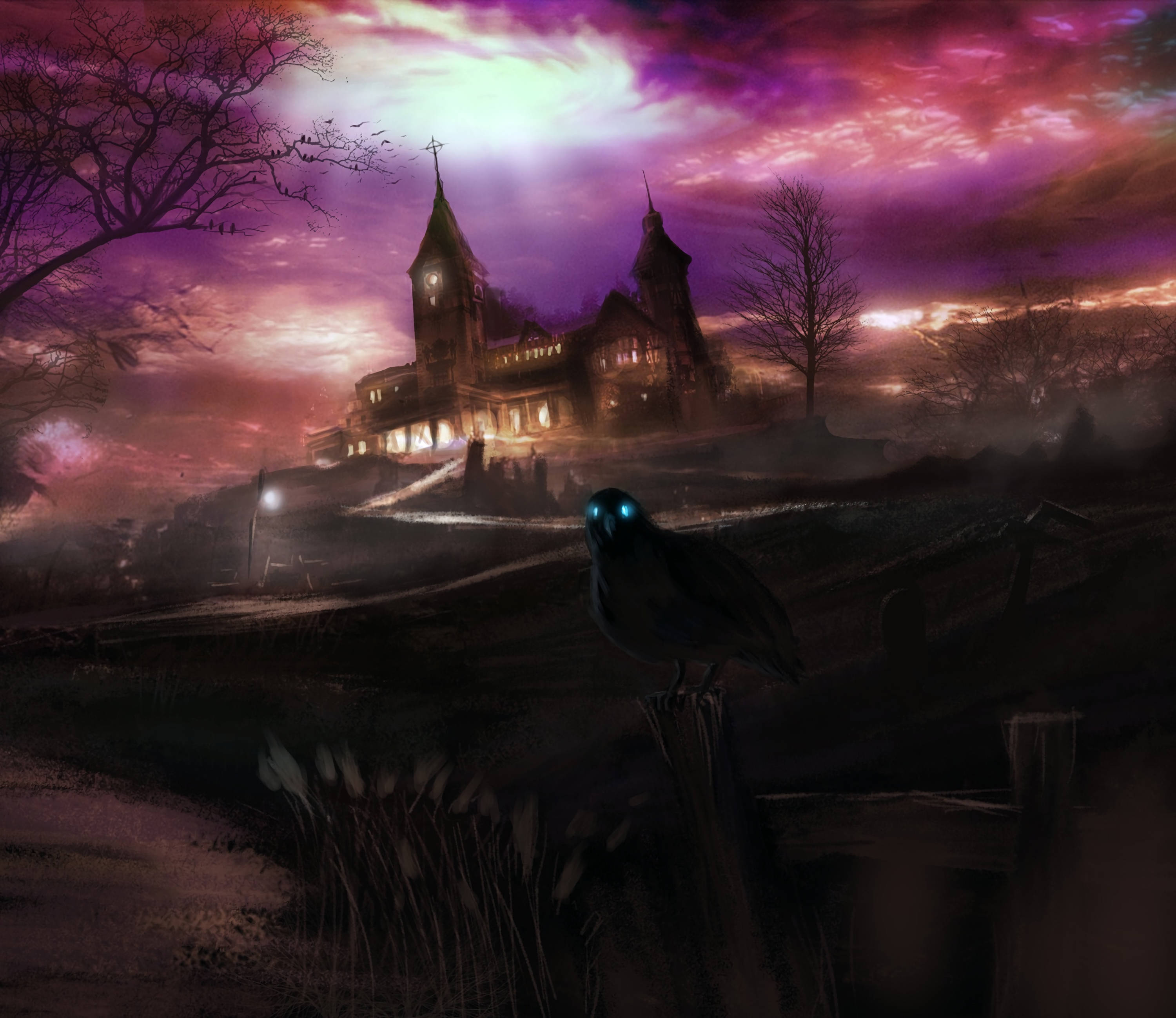 creepy purple hill house, haunted mansion, bruised purple twilight sky, 2K Desktop Wallpaper