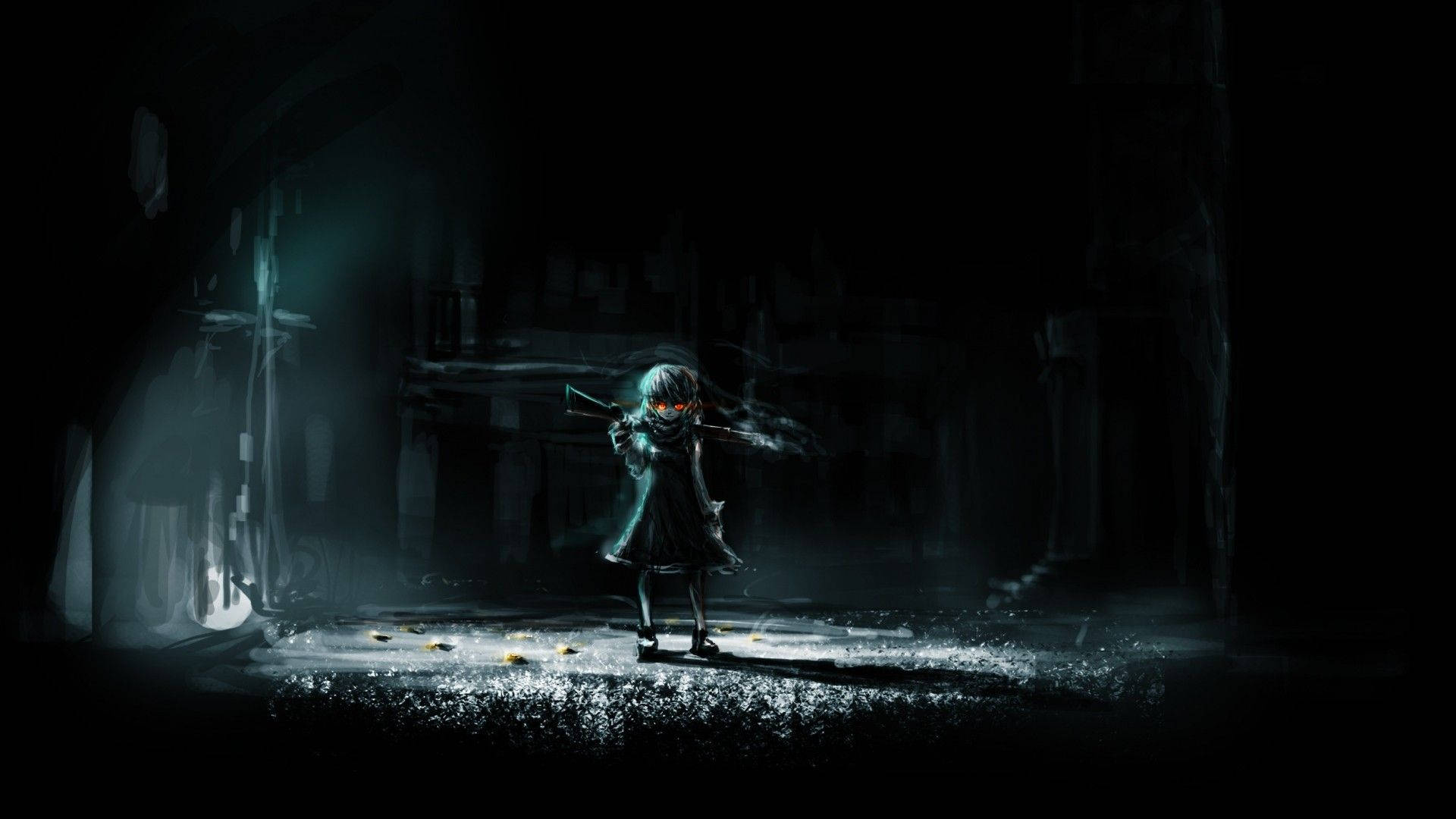 anime girl, glowing red eyes, dark misty alley, Full HD Desktop Wallpaper