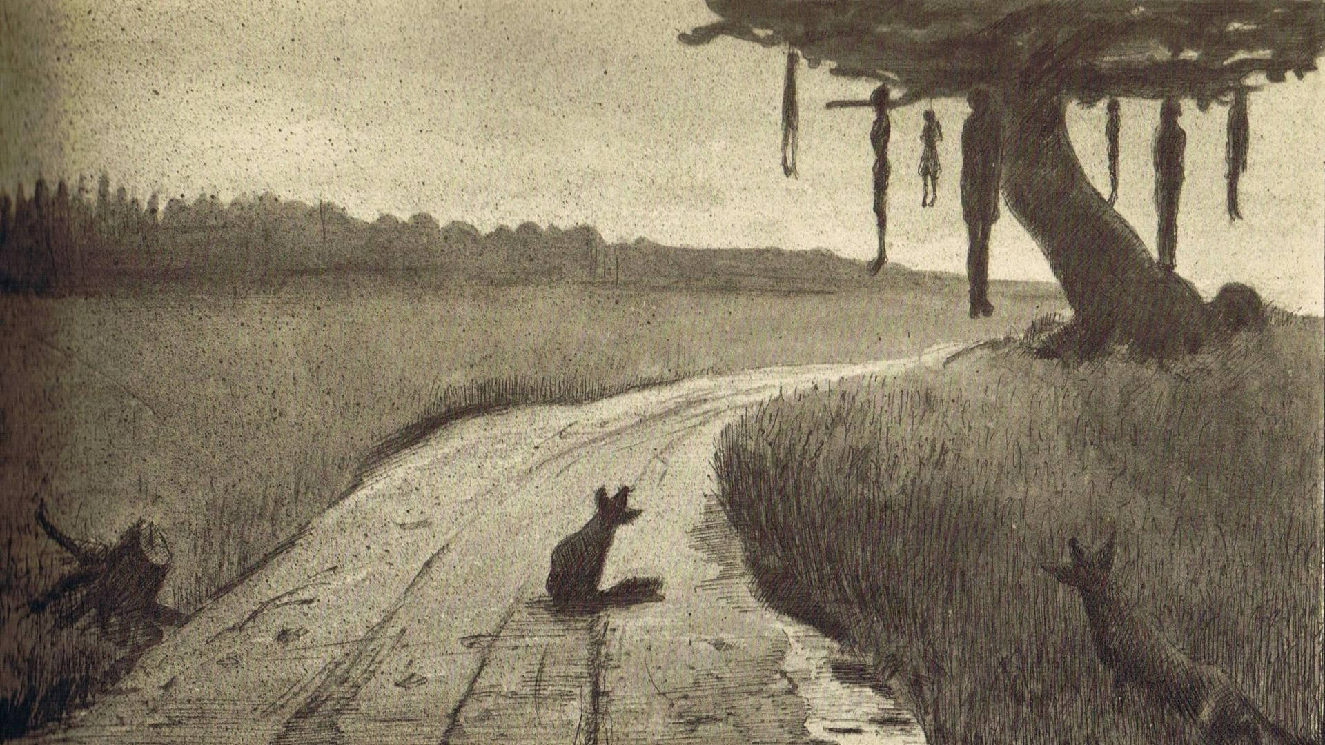 hanging tree, old forest, sepia-toned illustration, Full HD Desktop Wallpaper