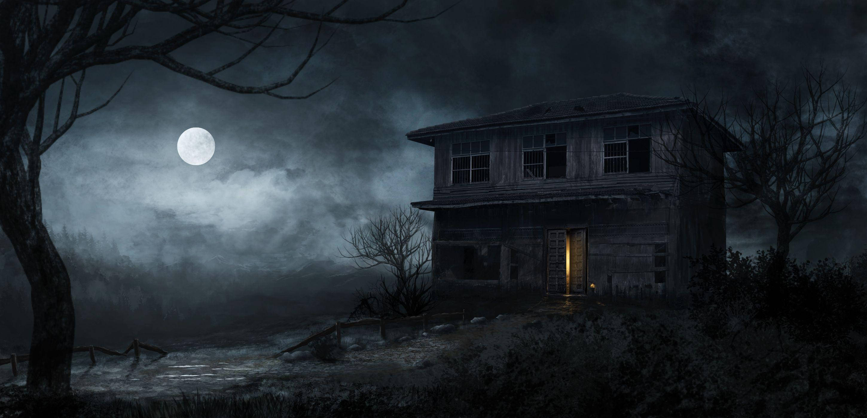 haunted house, full moon, eerie light, 2K Desktop Wallpaper