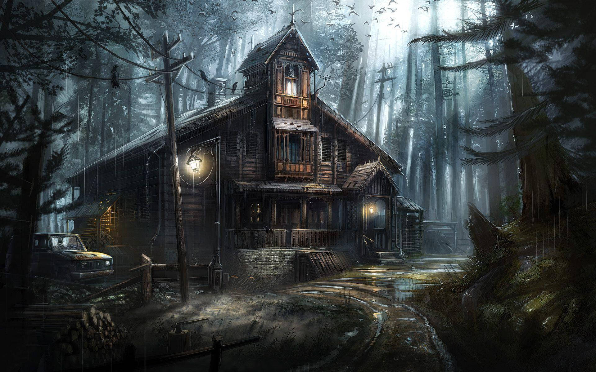 haunted house, forest, misty forest, Full HD Desktop Wallpaper