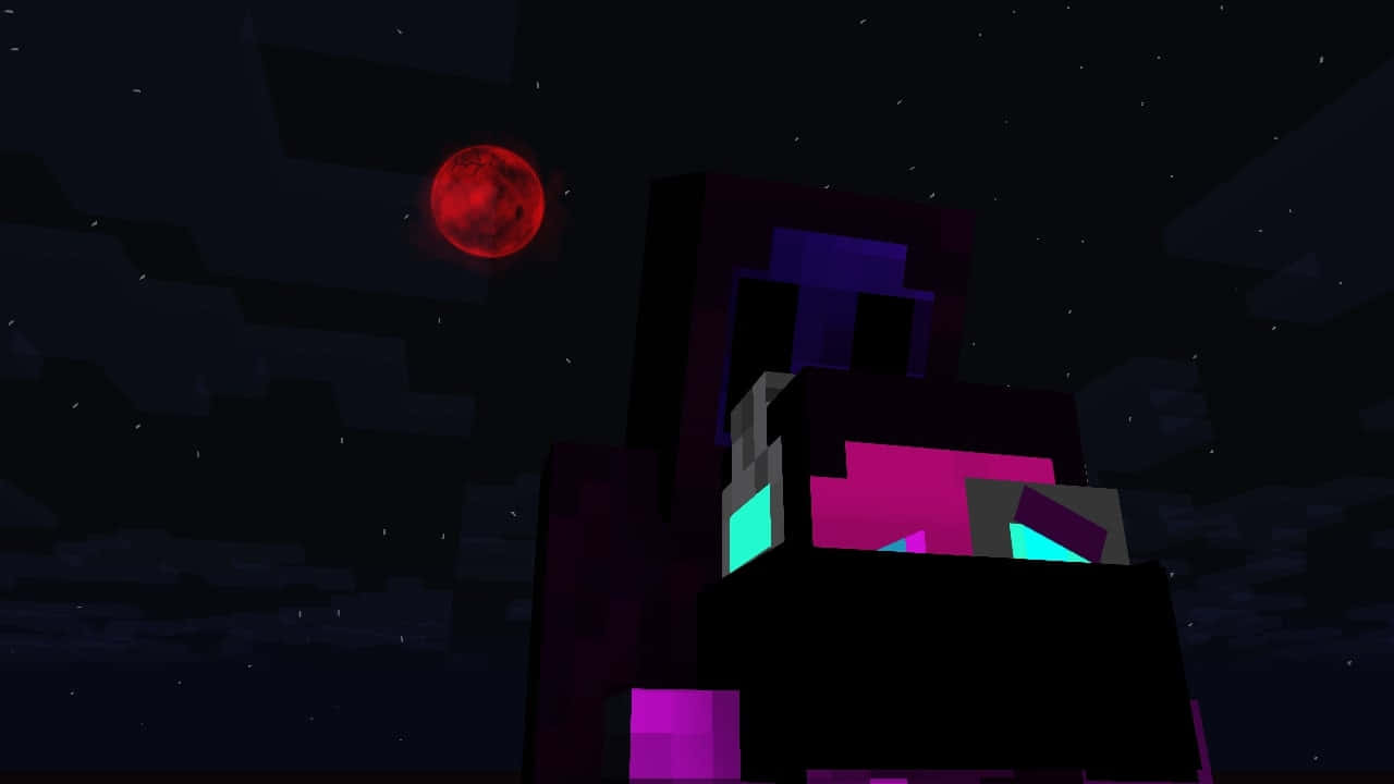 Minecraft-style creature, glowing pink and cyan eyes, red moon, HD Desktop Wallpaper