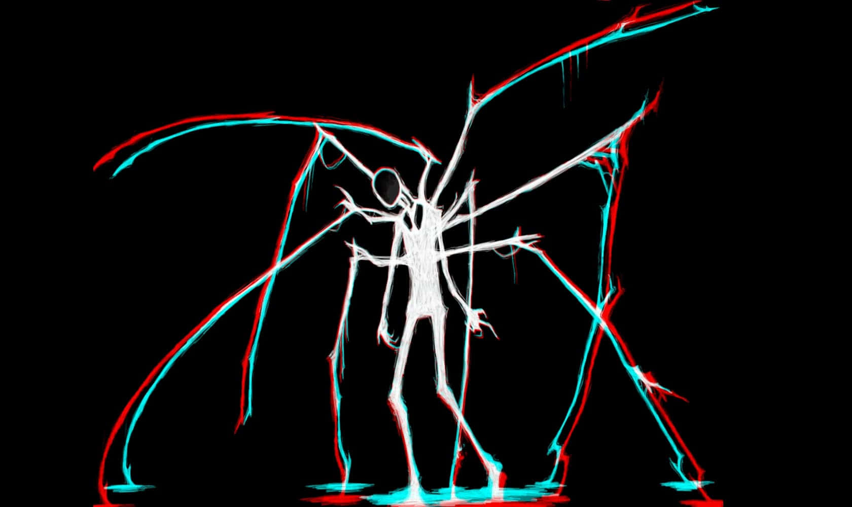 Creepypasta, glitchy white skeletal figure, red and cyan glowing limbs, HD Desktop Wallpaper