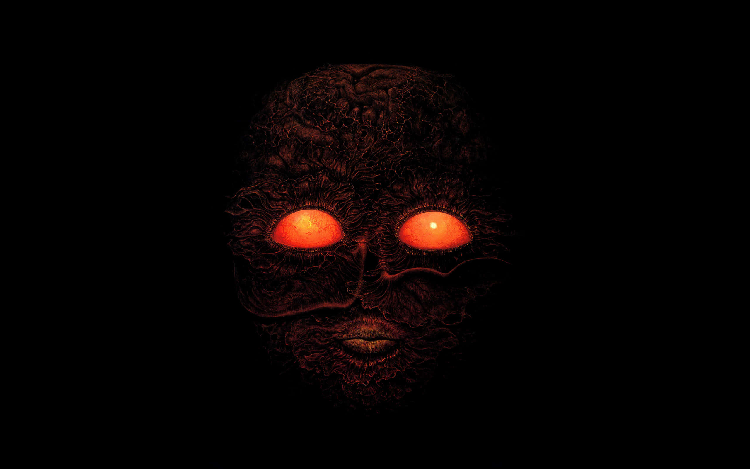 Creepypasta, glowing orange eyes, dark textured face, 2K Desktop Wallpaper