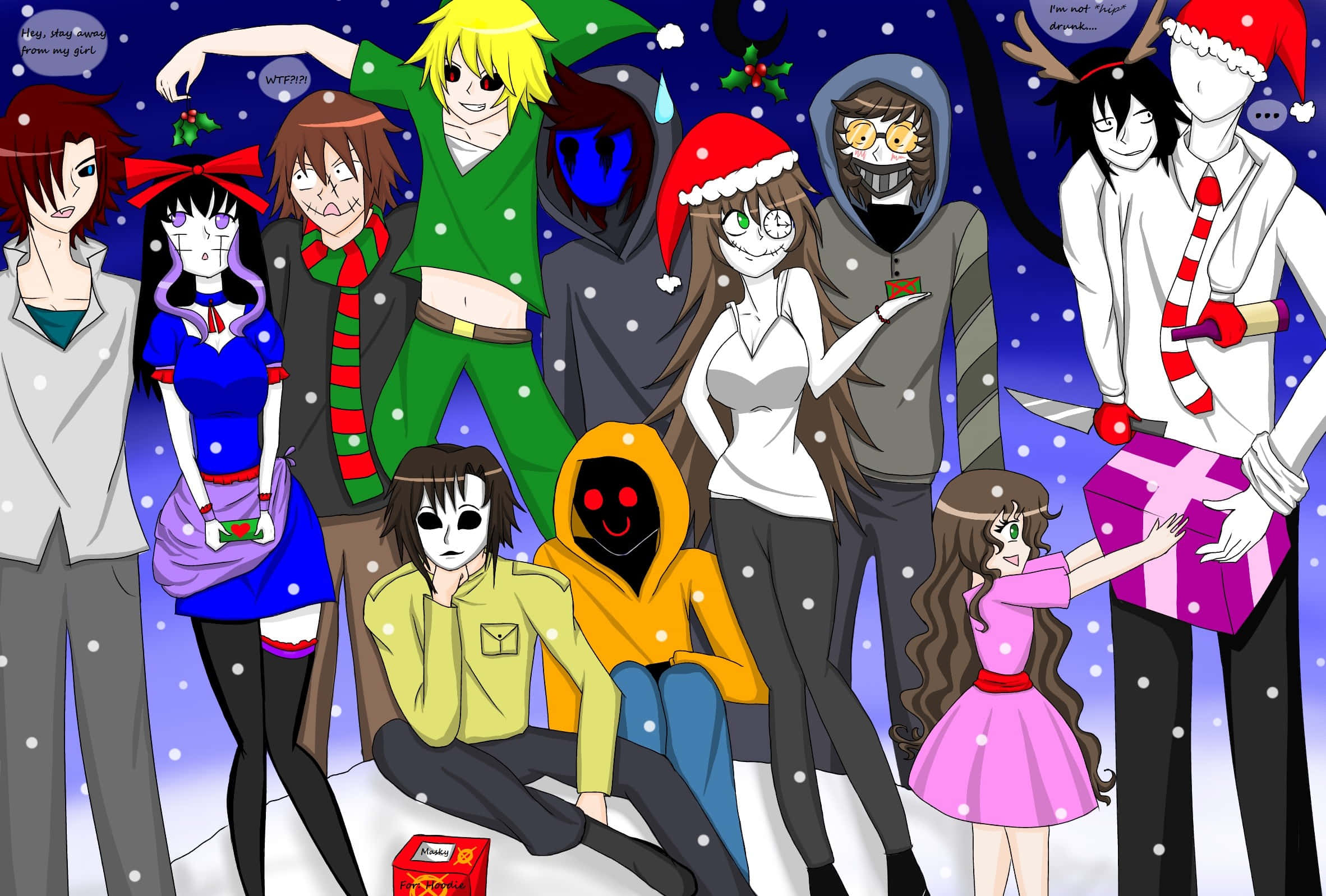 Creepypasta, anime group, snowy winter night, Full HD Desktop Wallpaper