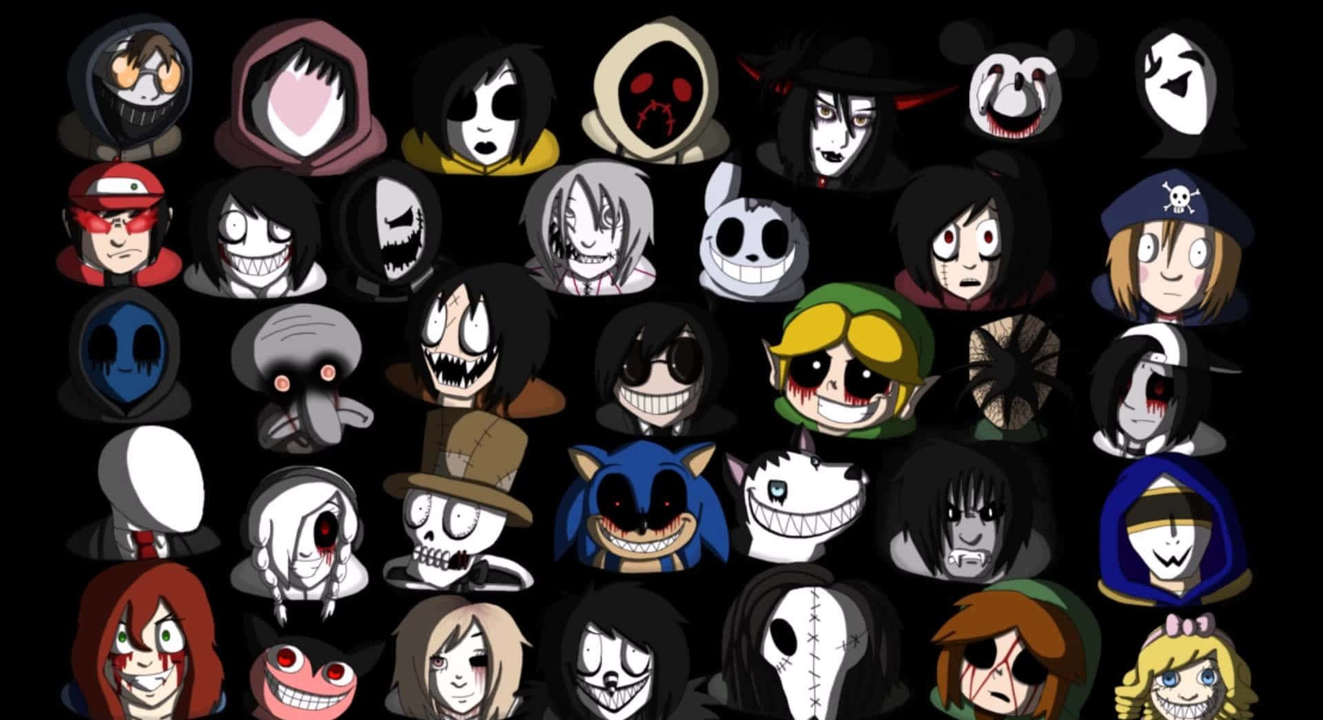 Creepypasta, cartoon characters, exaggerated expressions, Full HD Desktop Wallpaper