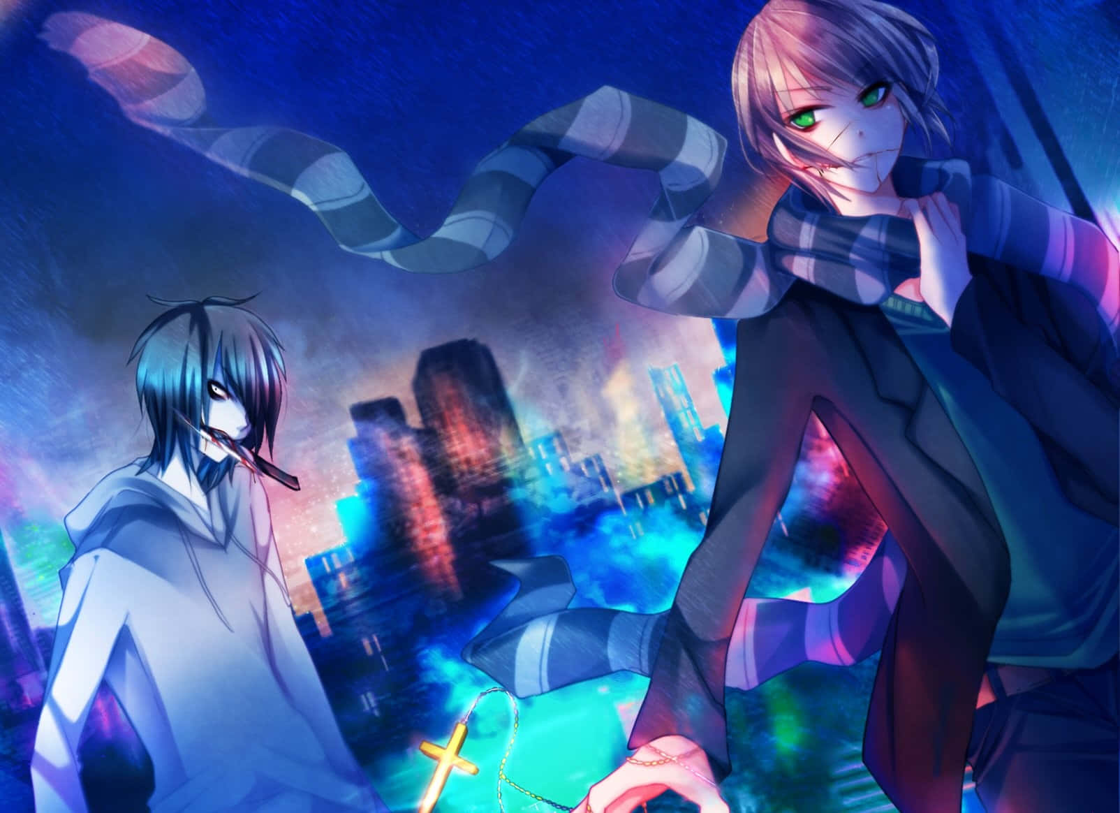 Creepypasta, neon-lit cityscape, glowing eyes, HD Desktop Wallpaper