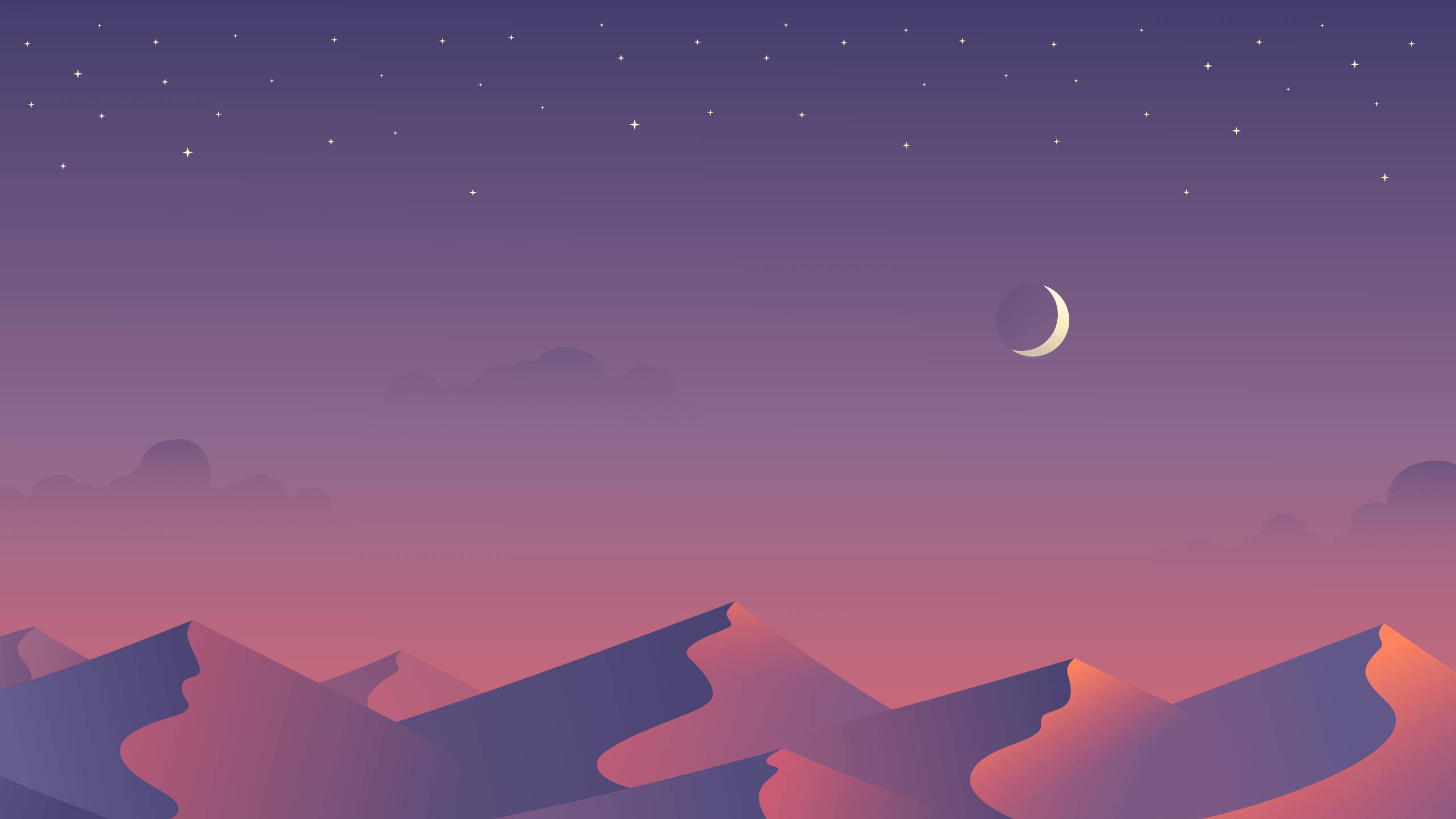 crescent moon, stars, silhouetted mountain peaks, 2K Desktop Wallpaper
