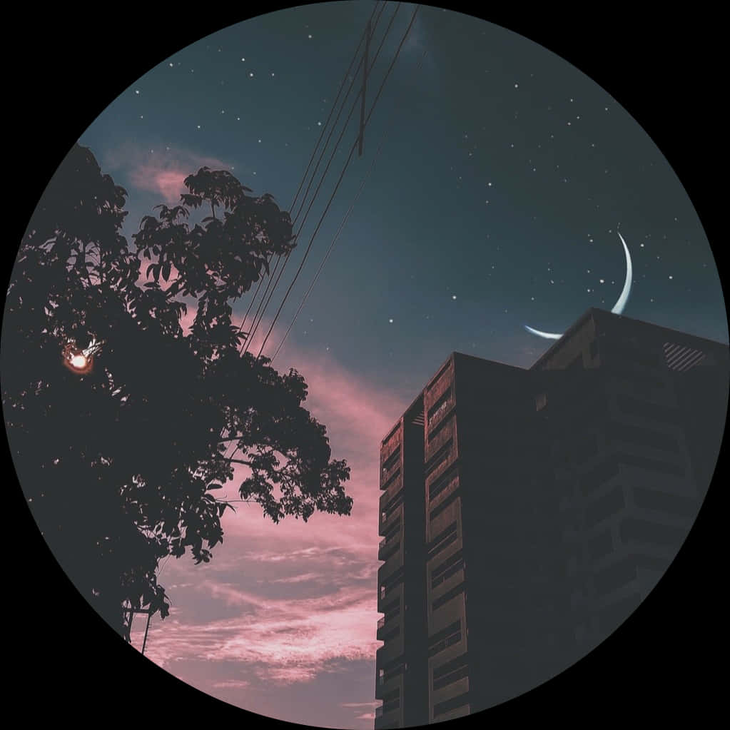 crescent moon, starry night, pink clouds, SD Desktop Wallpaper