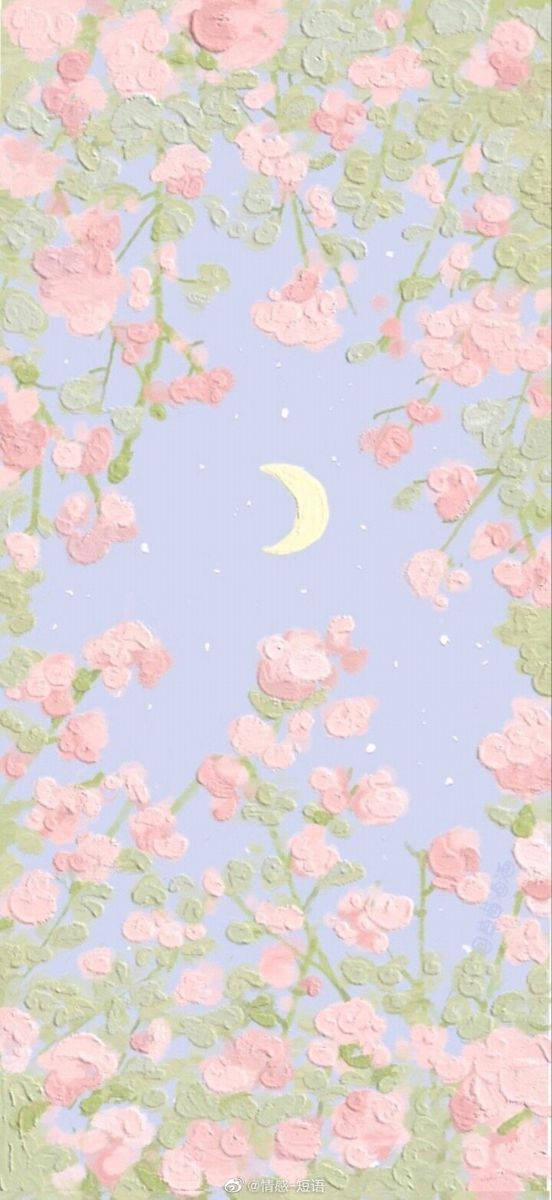 pink cherry blossoms, soft lavender sky, pale yellow crescent moon, SD Phone Wallpaper