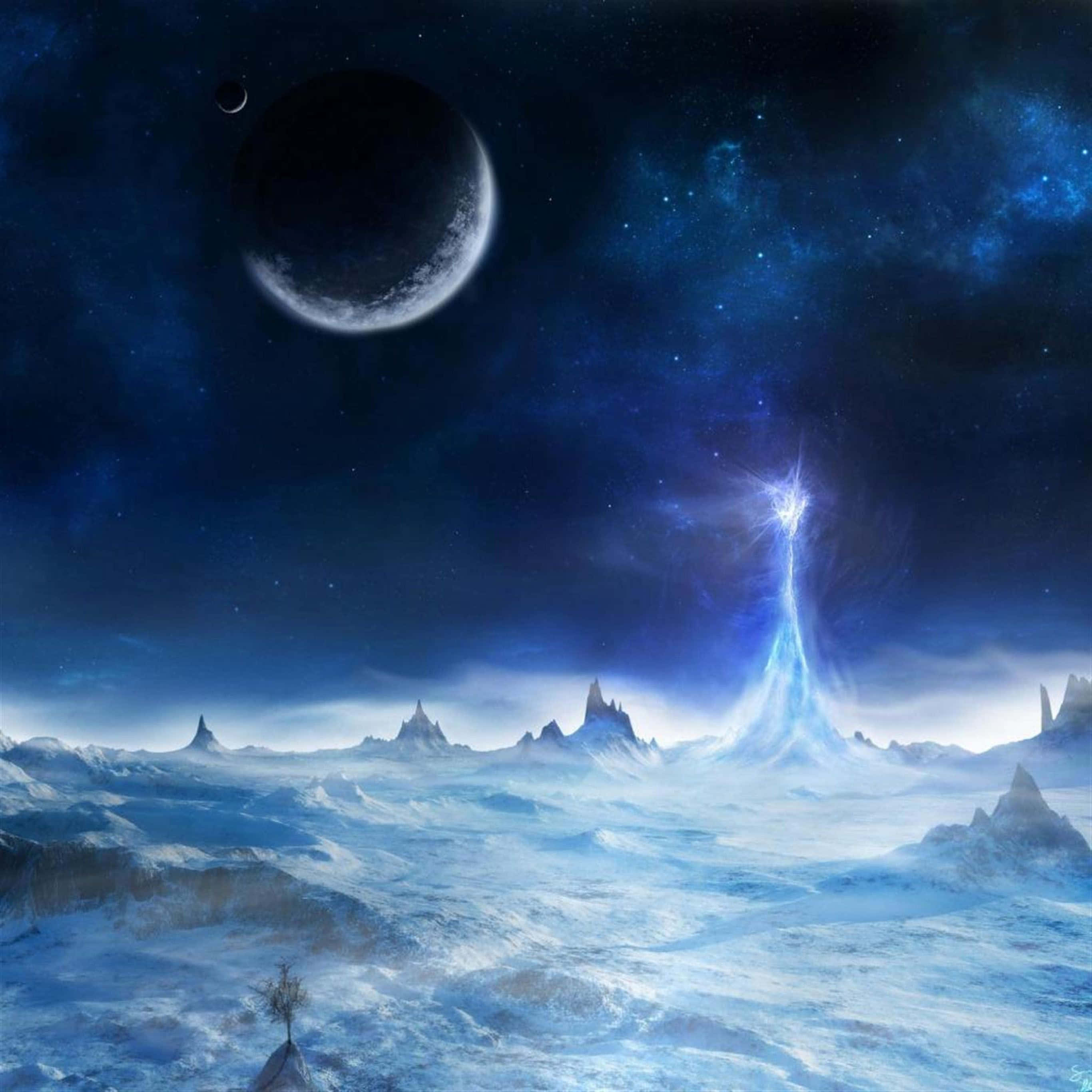 iPad Pro, crescent moon, glowing blue energy beam, 2K Desktop Wallpaper