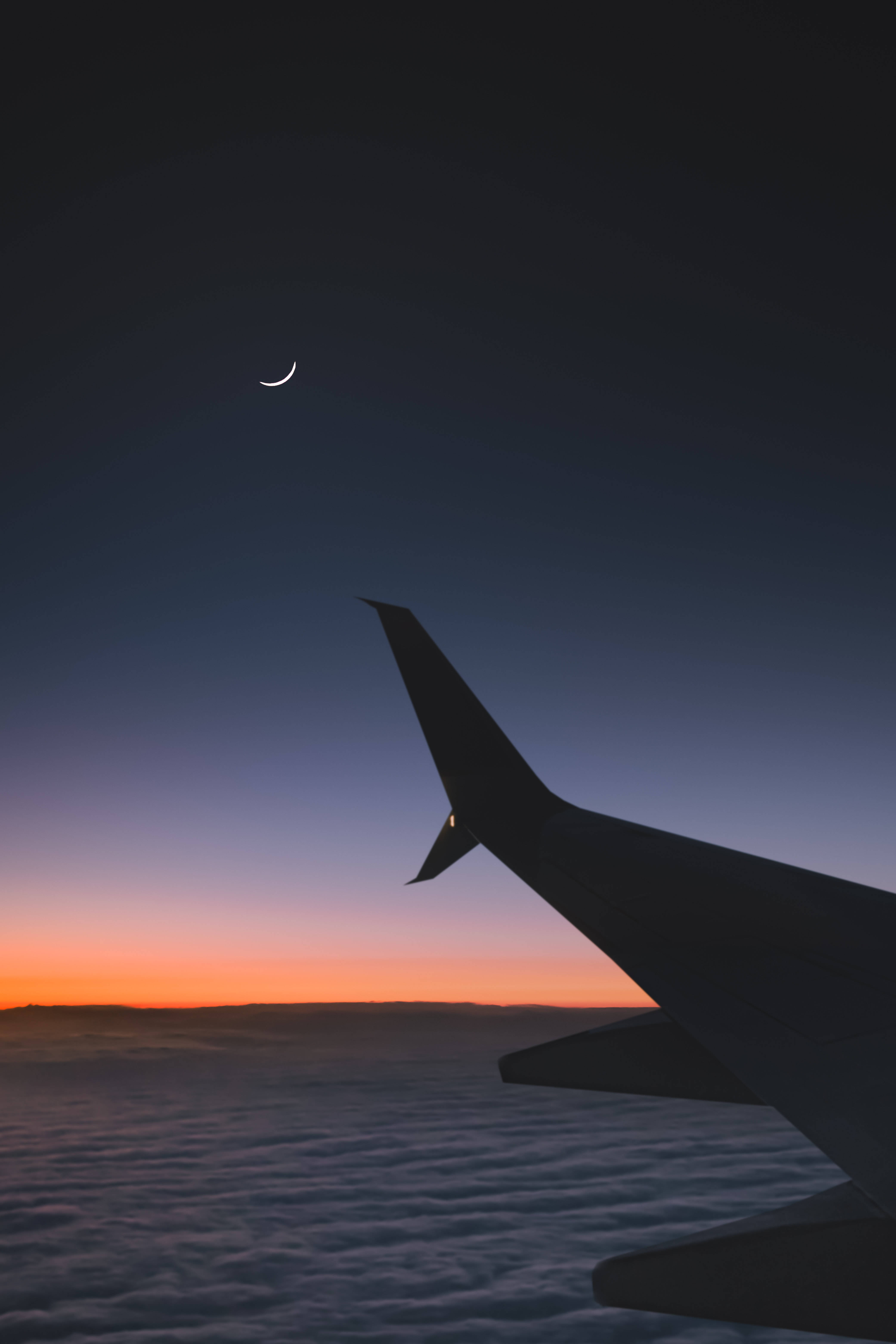 crescent moon, twilight sky, airplane wing, 5K Phone Wallpaper