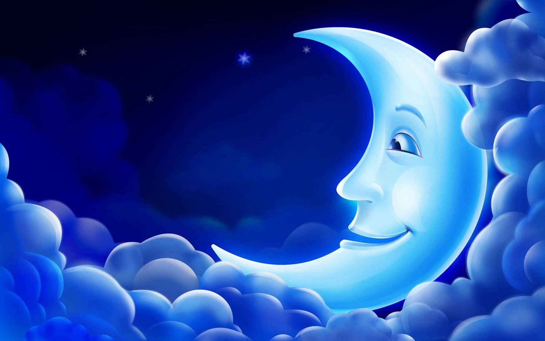 smiling crescent moon, 3D animation, fluffy blue clouds, HD Desktop Wallpaper