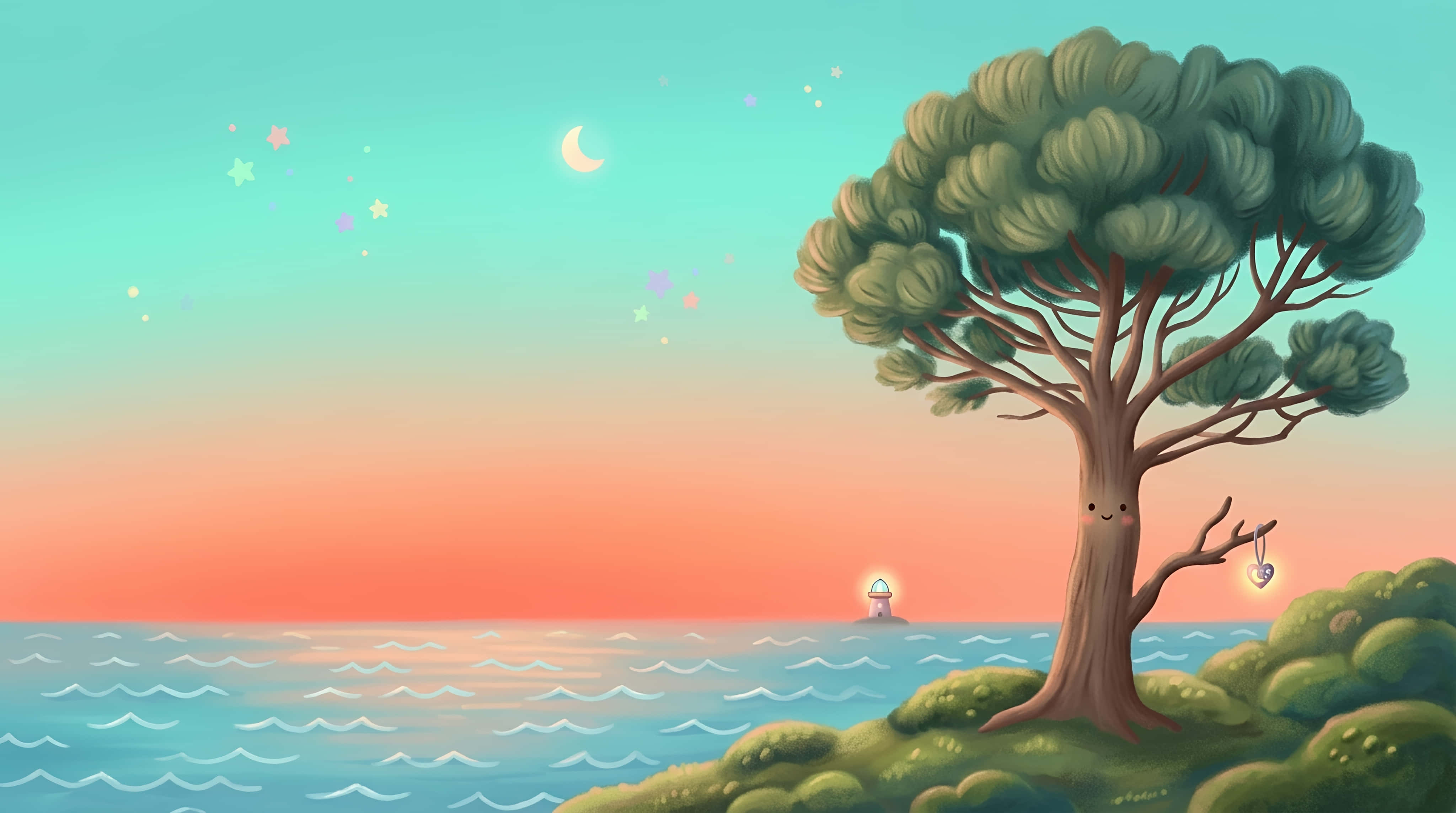 whimsical cartoon tree, smiling face, grassy cliff, 4K Desktop Wallpaper