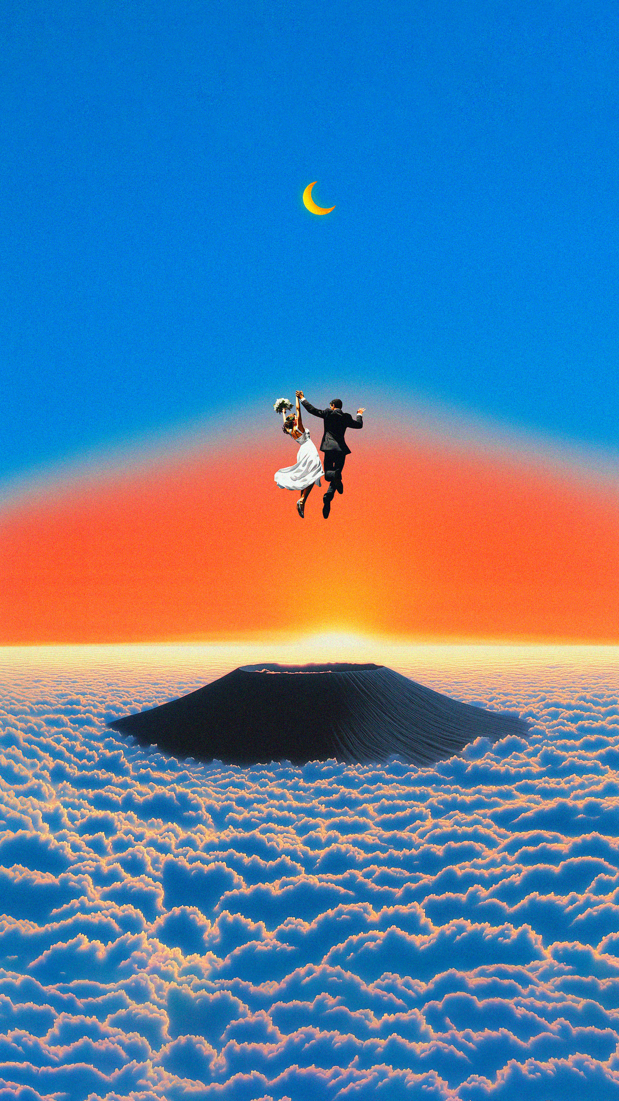 crescent moon, sunset sky, clouds, 4K Phone Wallpaper