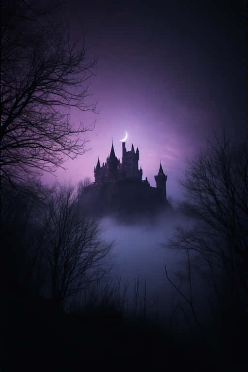 dark fantasy castle, mist, purple twilight sky, SD Phone Wallpaper