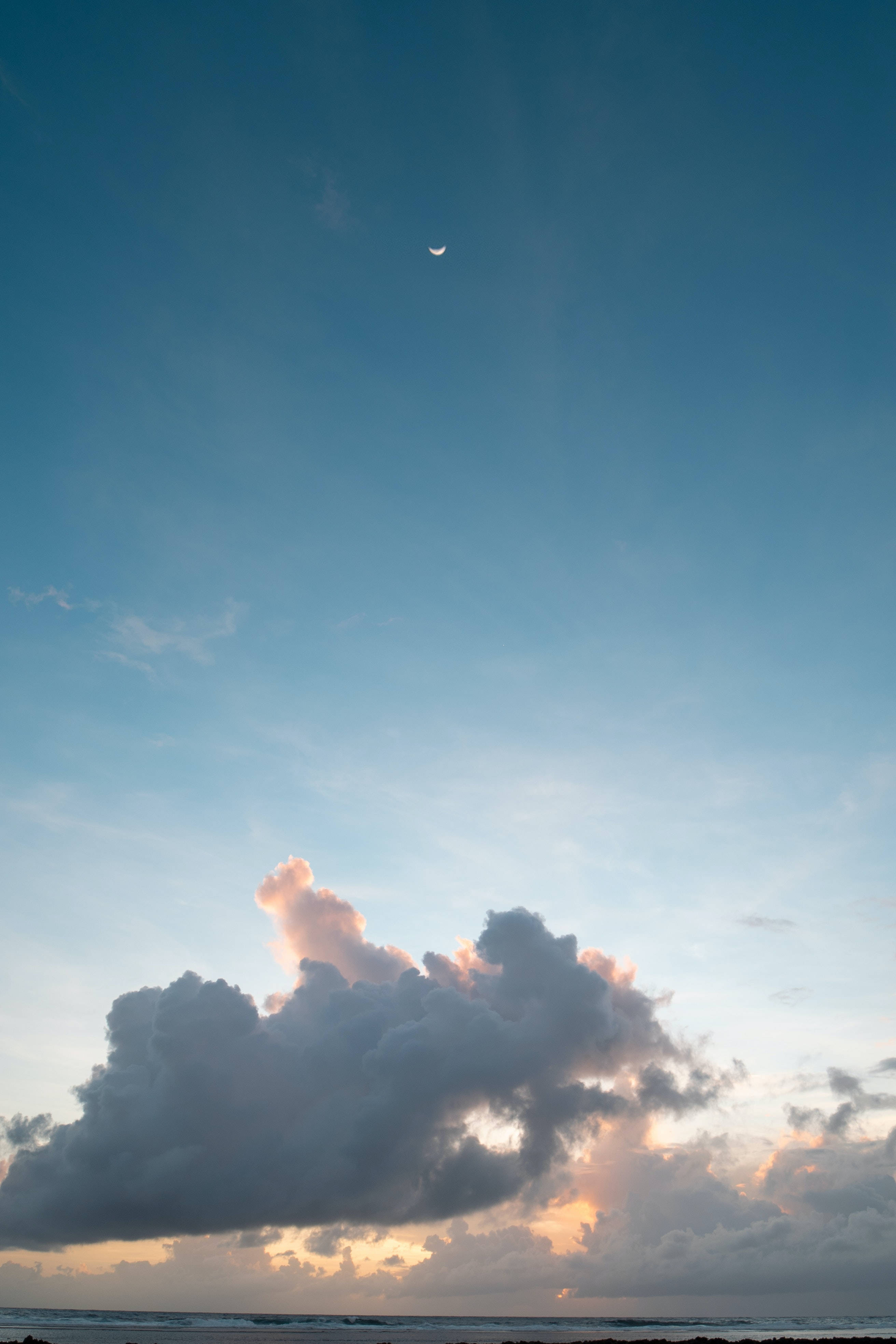 crescent moon, sunset, beach, 4K Phone Wallpaper