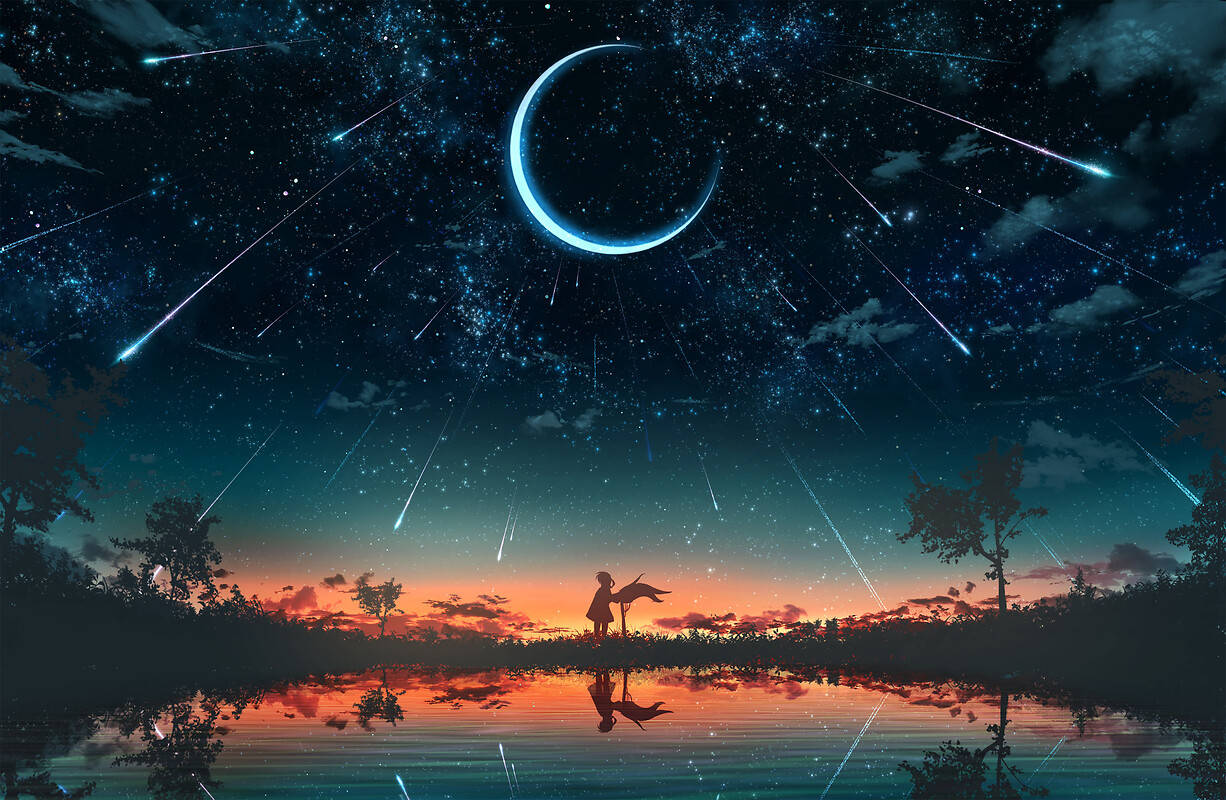 shooting stars, crescent moon, tranquil lake, SD Desktop Wallpaper