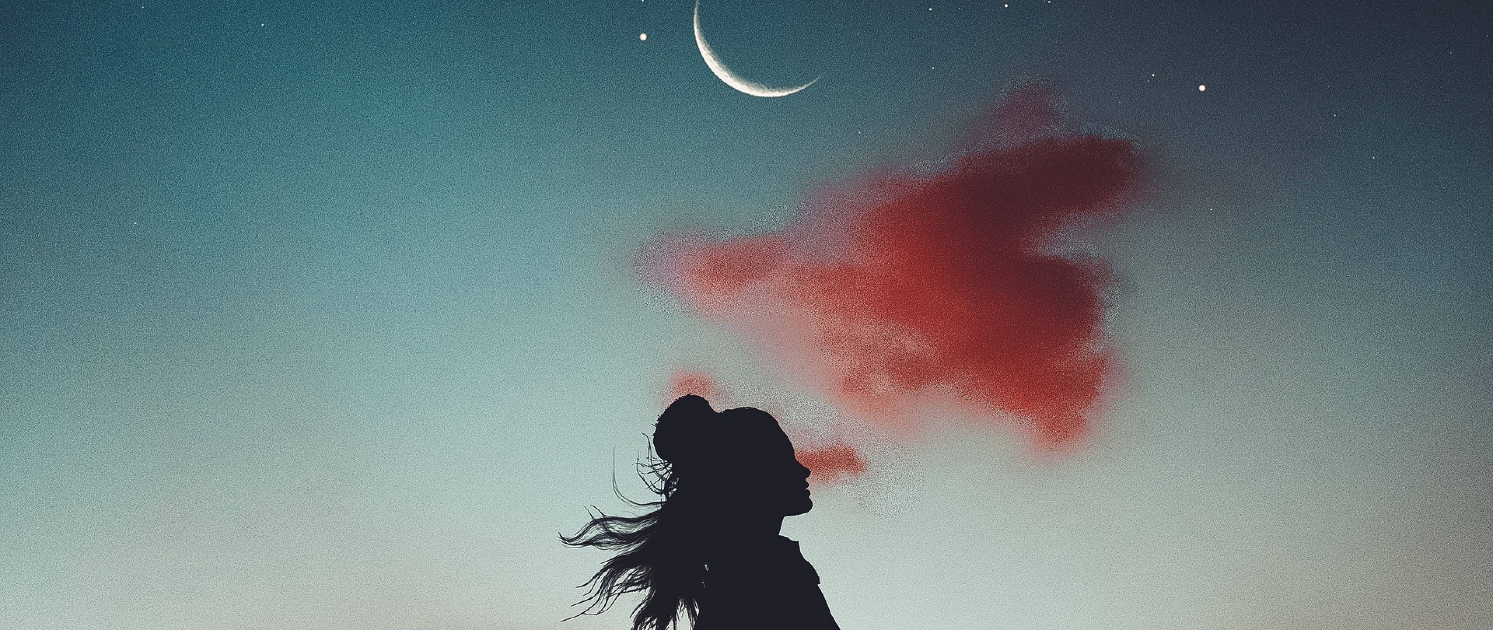 Moon 4K Girl, red cloud, twilight sky, 5K Desktop Wallpaper