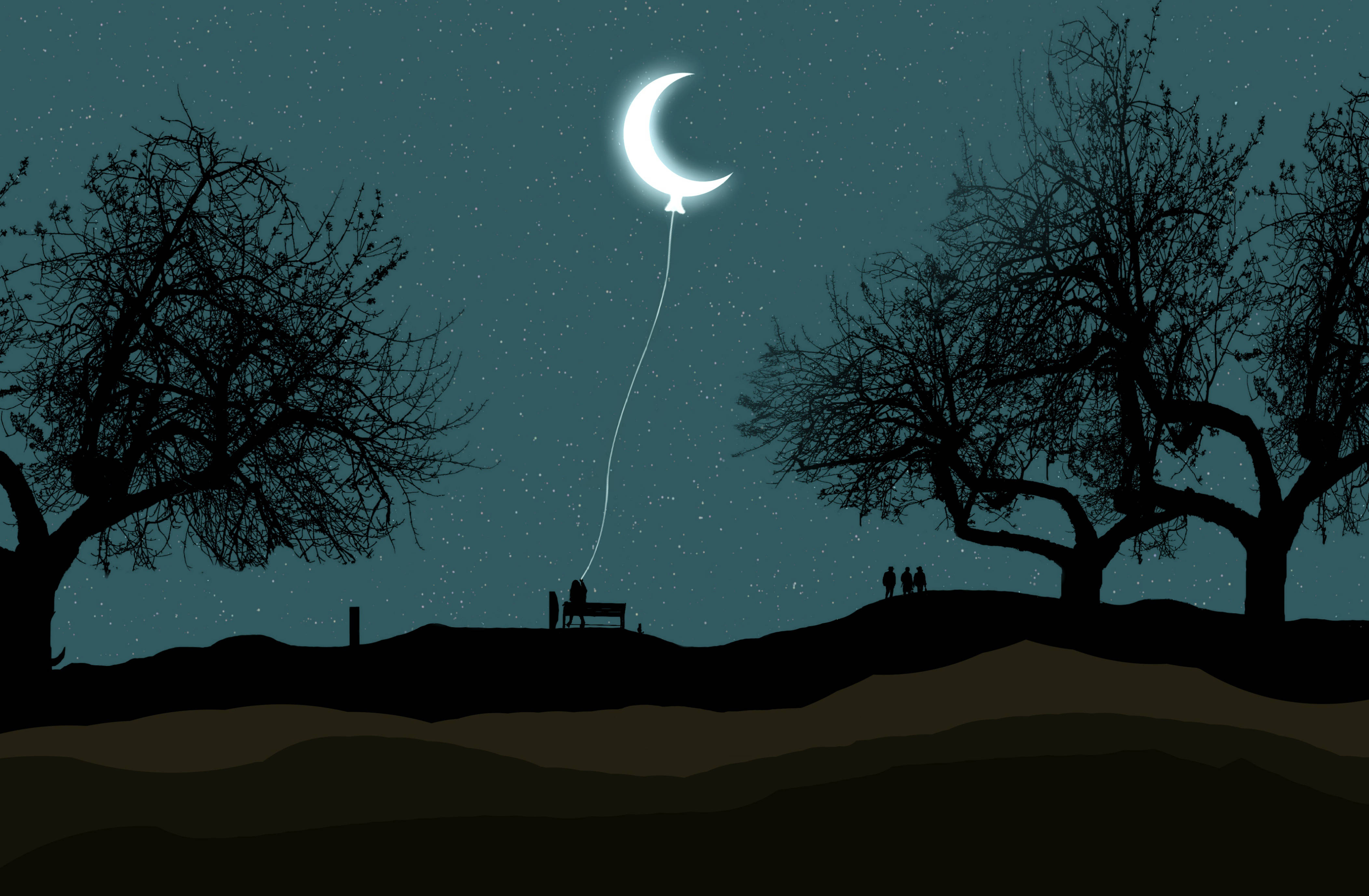 crescent moon, glowing crescent moon balloon, starry night sky, 4K Desktop Wallpaper