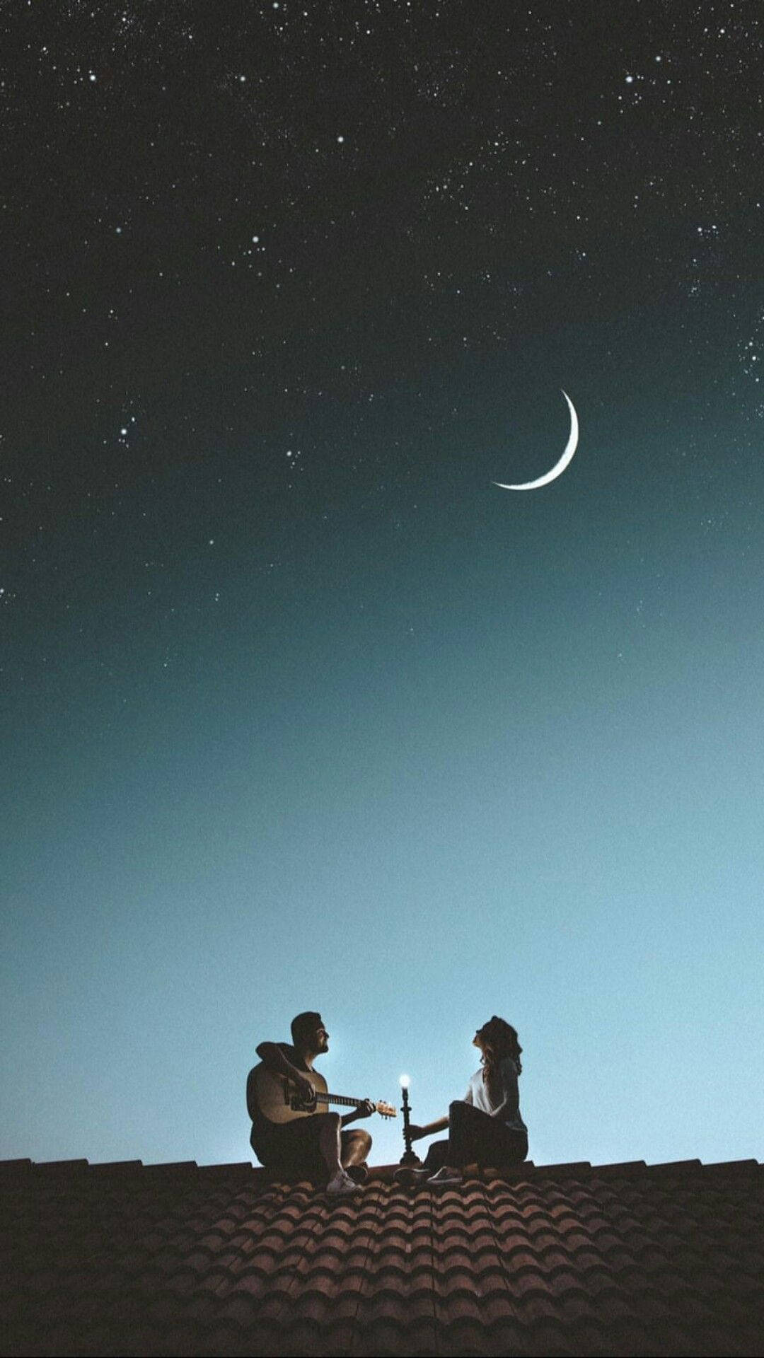crescent moon, tiled roof, starry night sky, Full HD Phone Wallpaper
