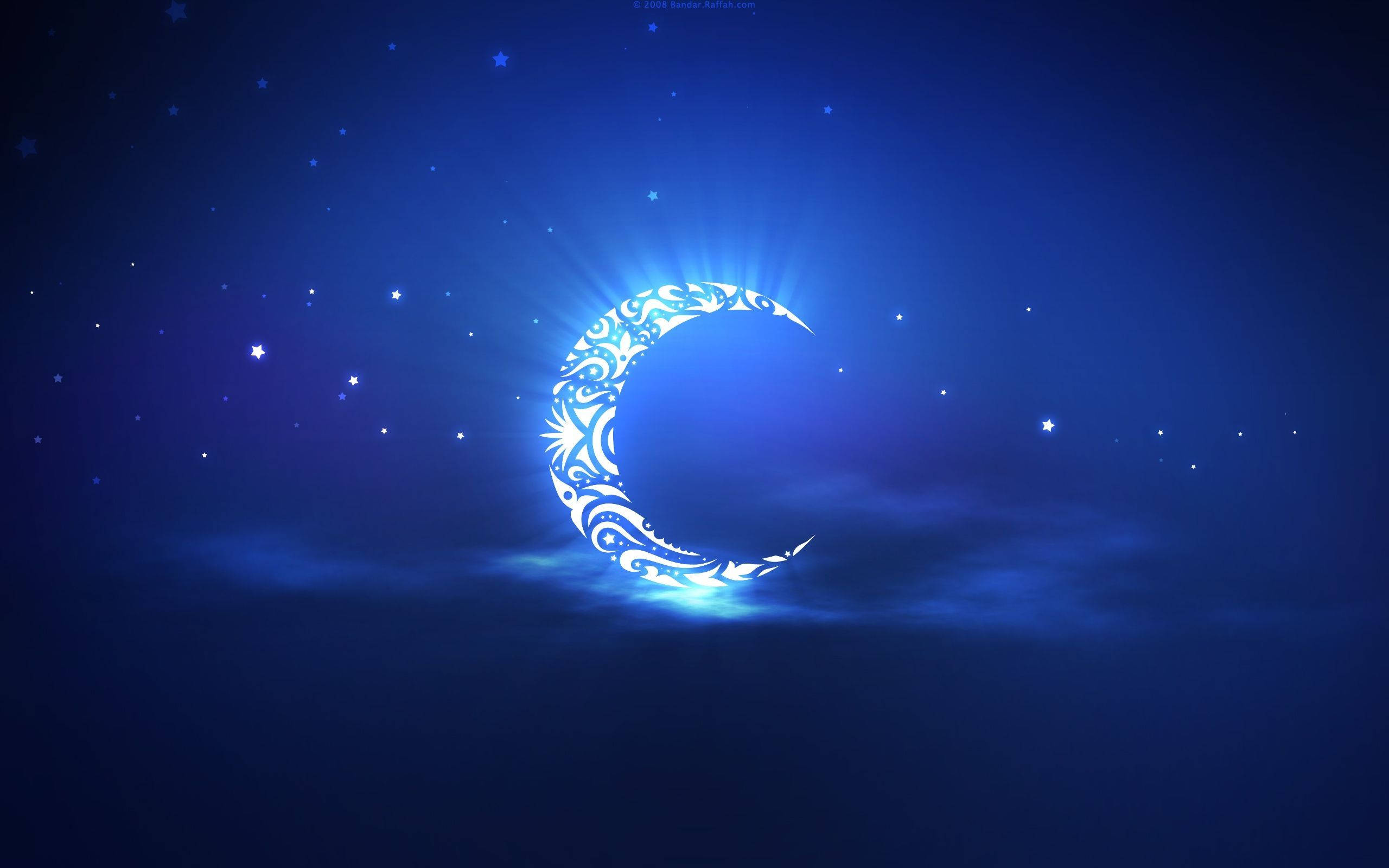 blue crescent moon, glowing ornate crescent moon, deep blue starry night sky, 2K Desktop Wallpaper