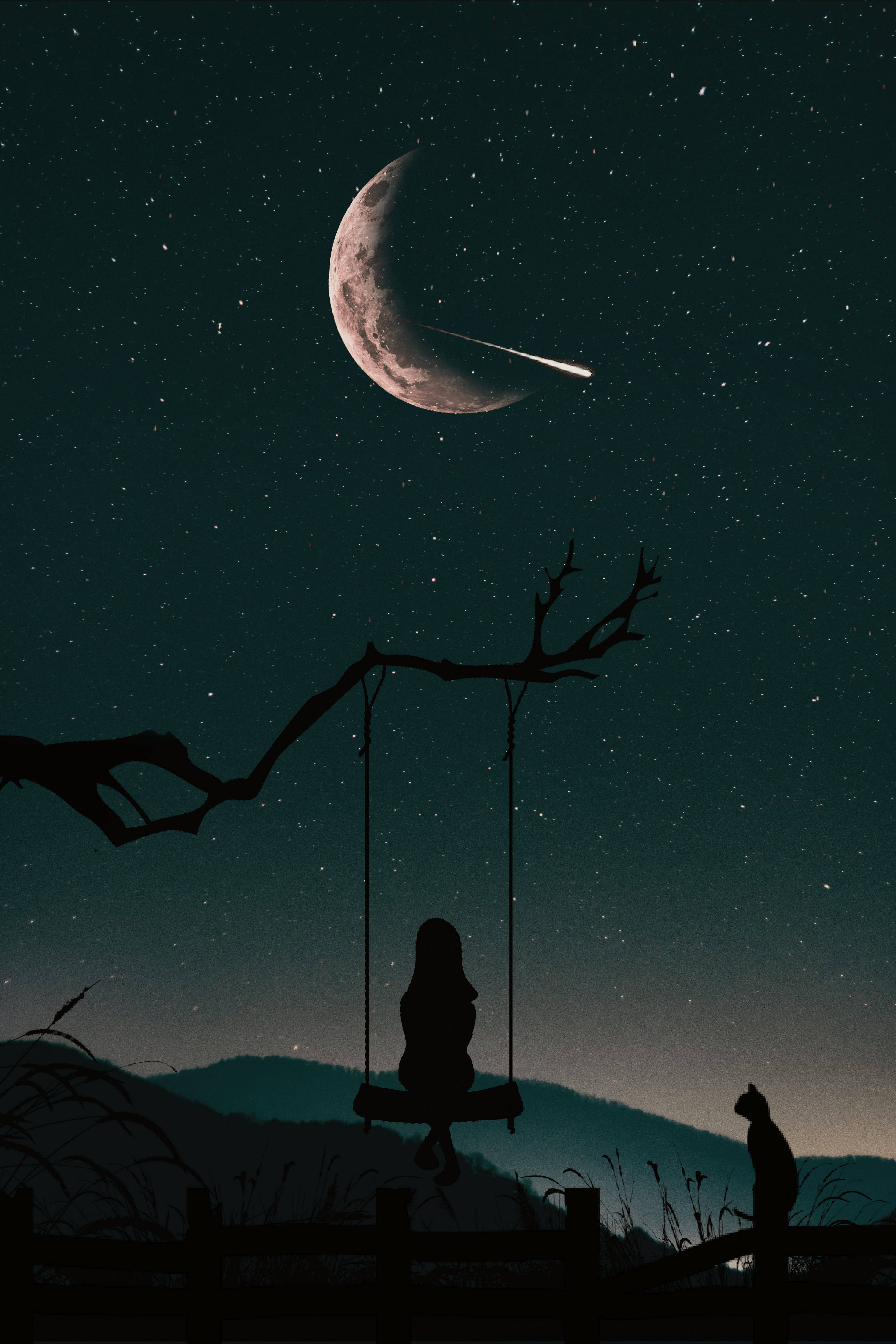 crescent moon, shooting star, starry night sky, 5K Phone Wallpaper
