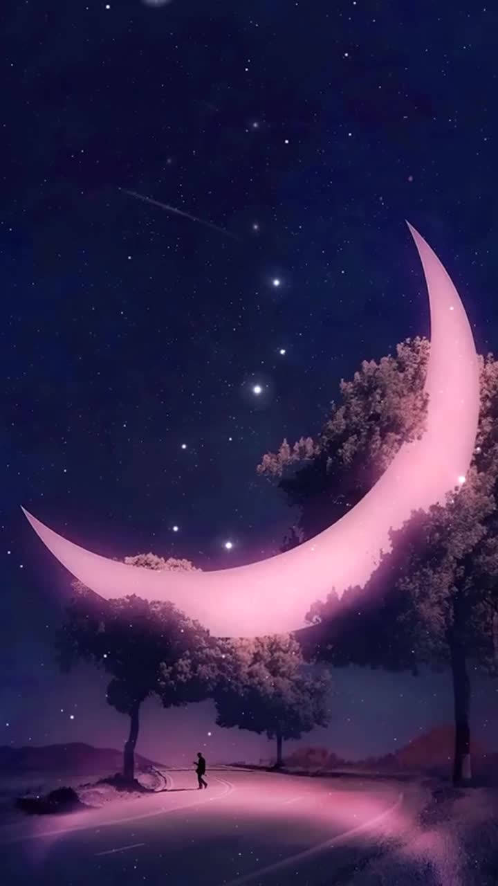 Pink Crescent Moon, winding road, colossal glowing crescent moon, HD Phone Wallpaper
