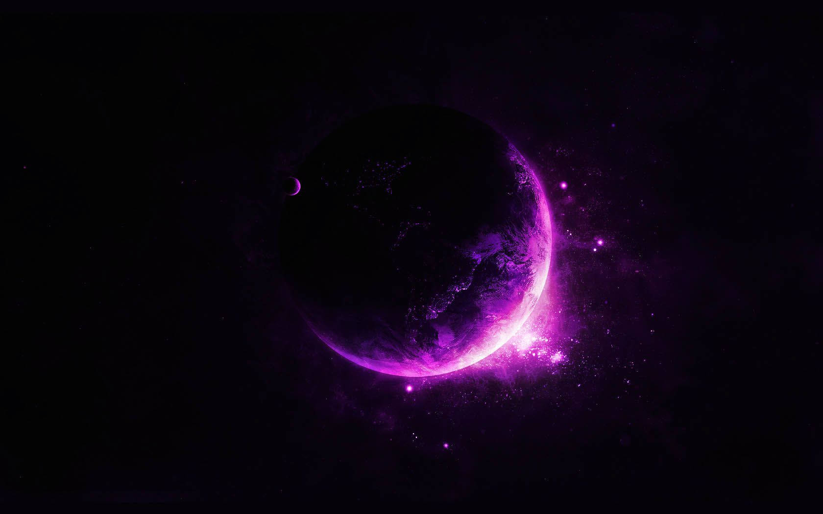 crescent moon, glowing purple planet, starry cosmic void, HD Desktop Wallpaper