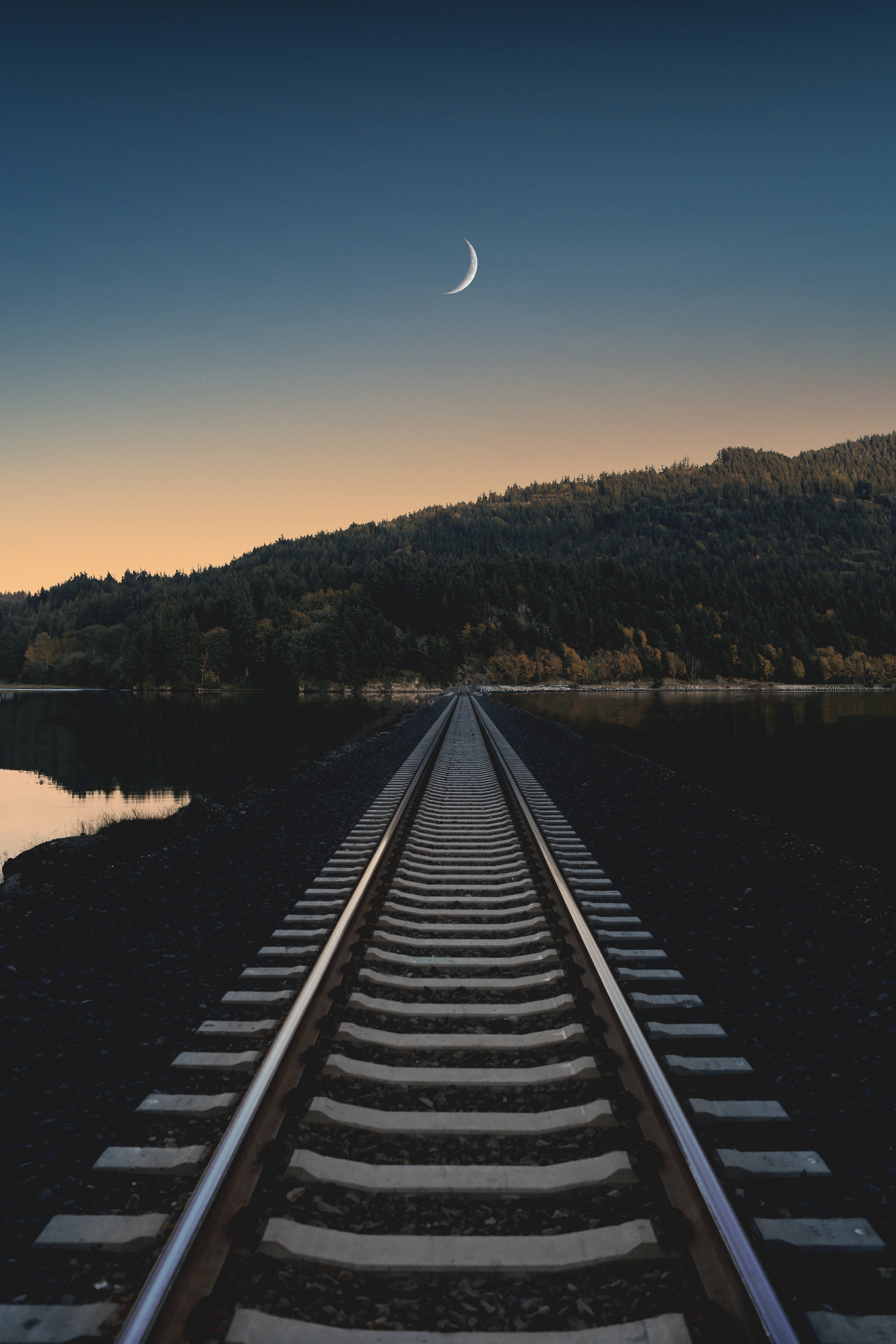 crescent moon, twilight, railroad tracks, 5K Phone Wallpaper