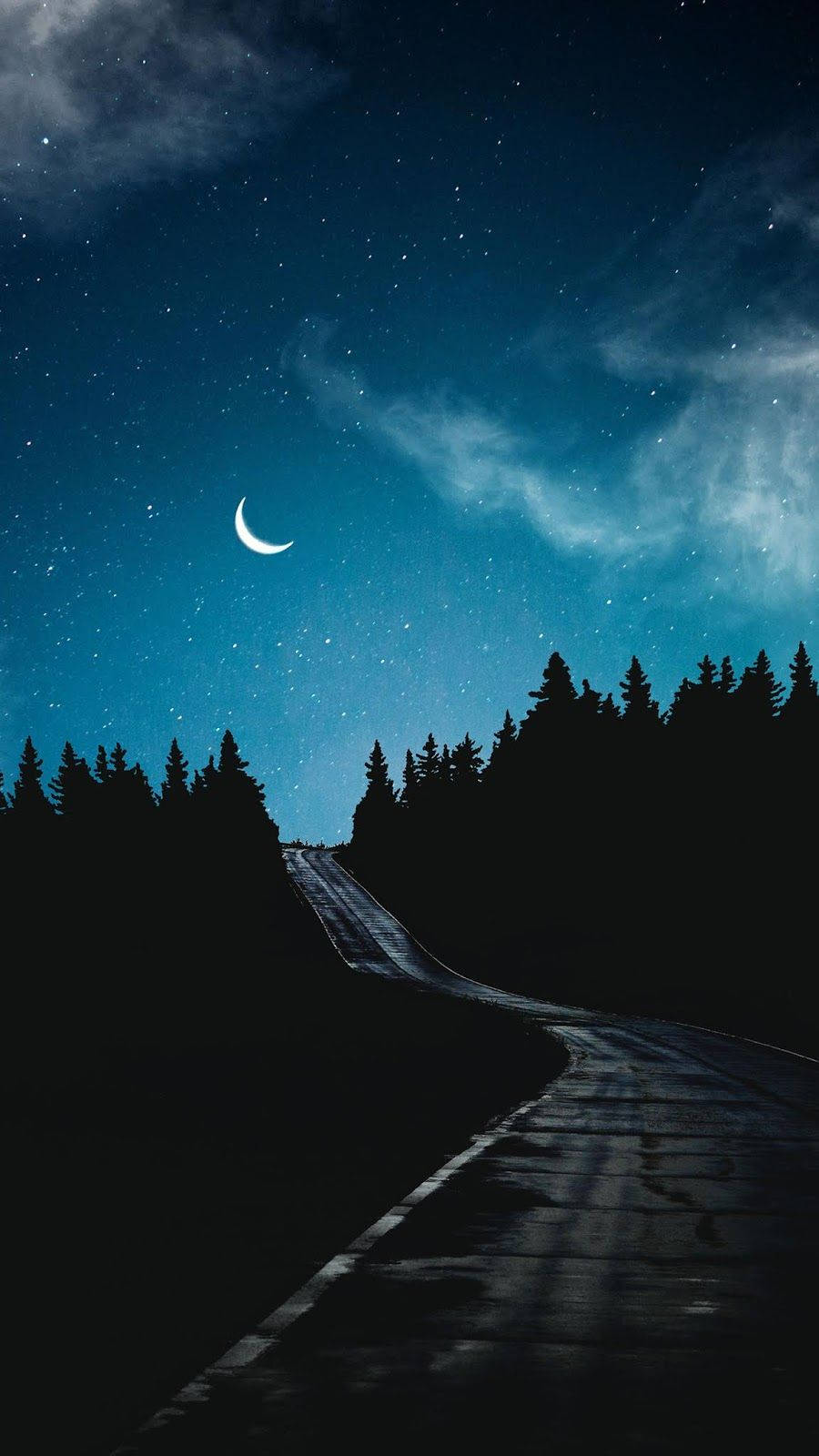 Crescent Moon, winding road, dark forest, HD Phone Wallpaper