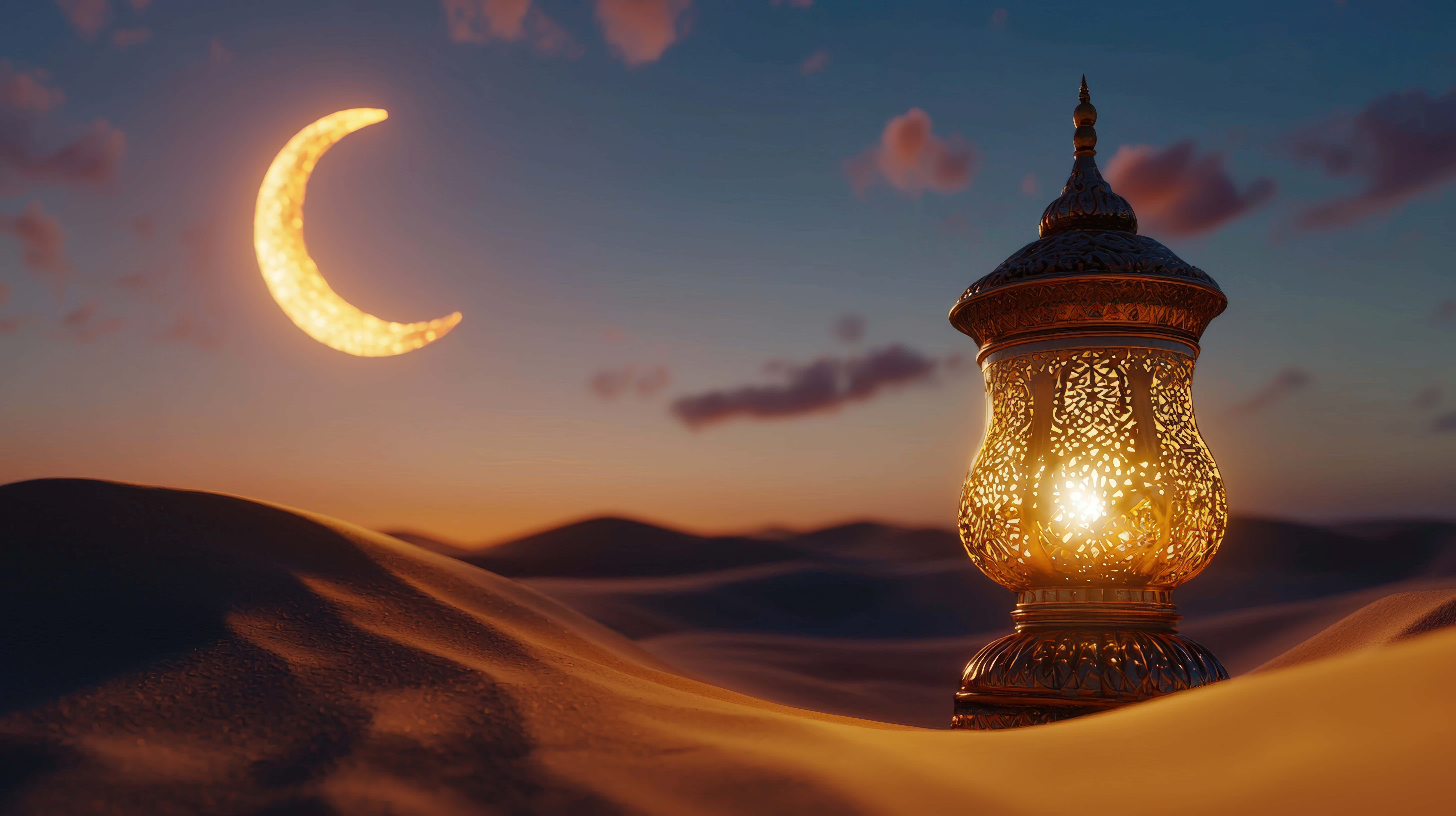 ornate lantern, desert sand dunes, crescent moon, 8K Desktop Wallpaper