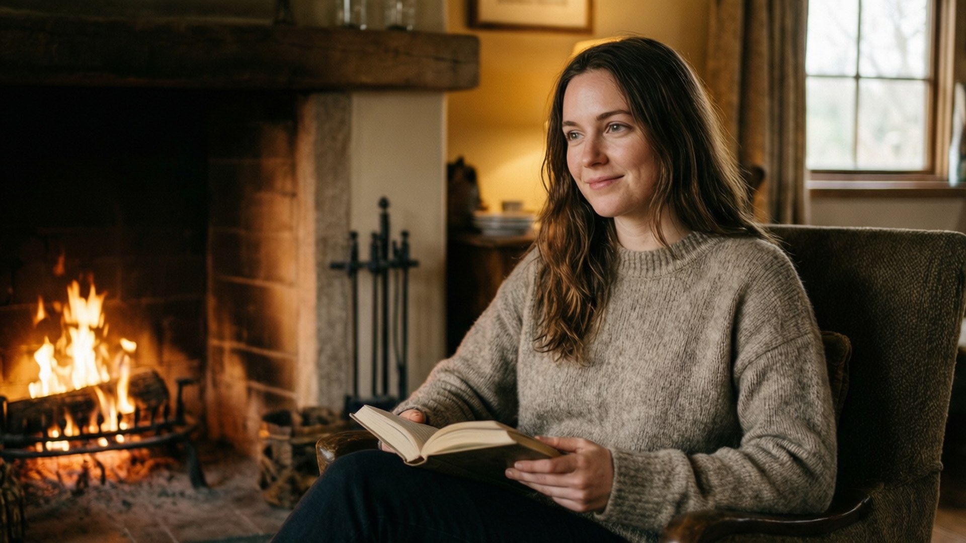 Cressida Bonas, fireplace, cozy sweater, Full HD Desktop Wallpaper