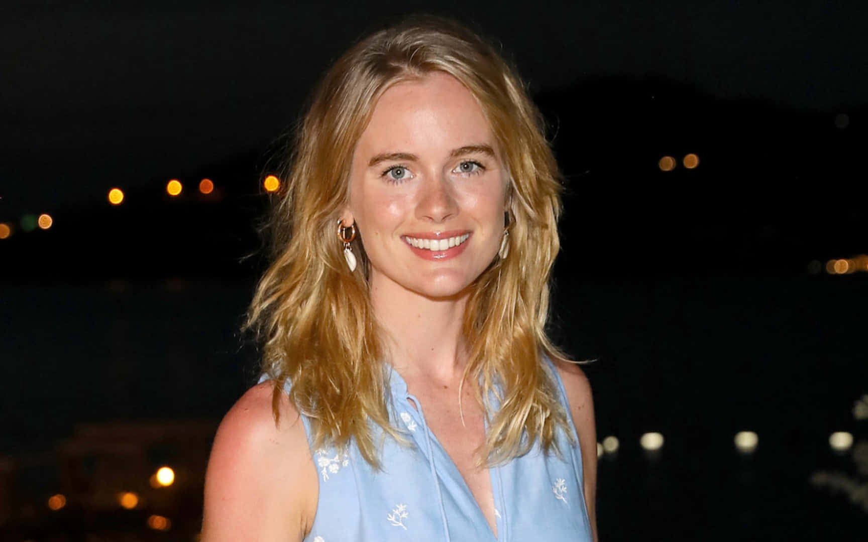 Cressida Bonas, light blue floral top, dark night backdrop, HD Desktop Wallpaper
