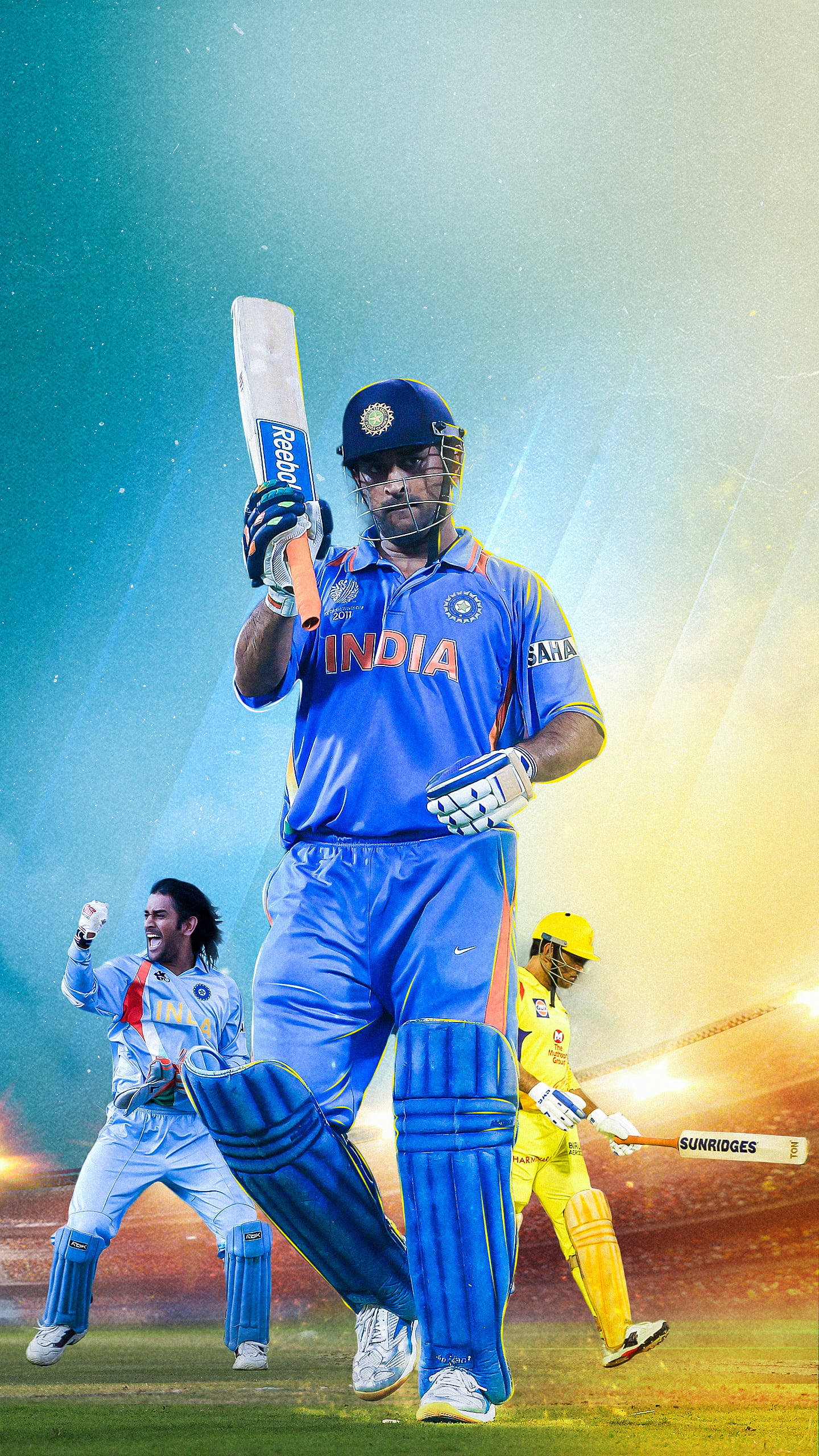Indian cricket player, blue uniform, bat, 2K Phone Wallpaper