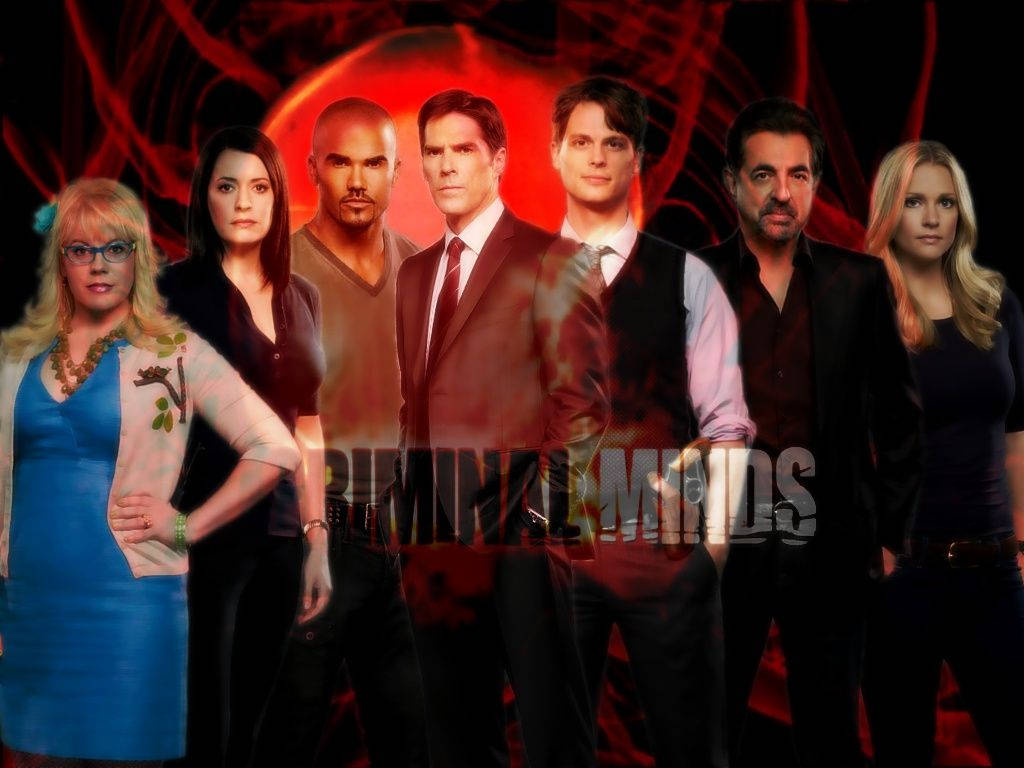 Criminal Minds, red abstract background, seven cast members, SD Desktop Wallpaper