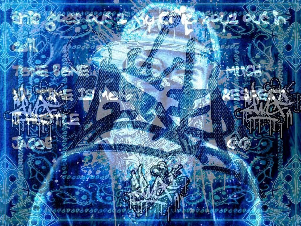 Crip, glowing blue, graffiti-covered face, SD Desktop Wallpaper