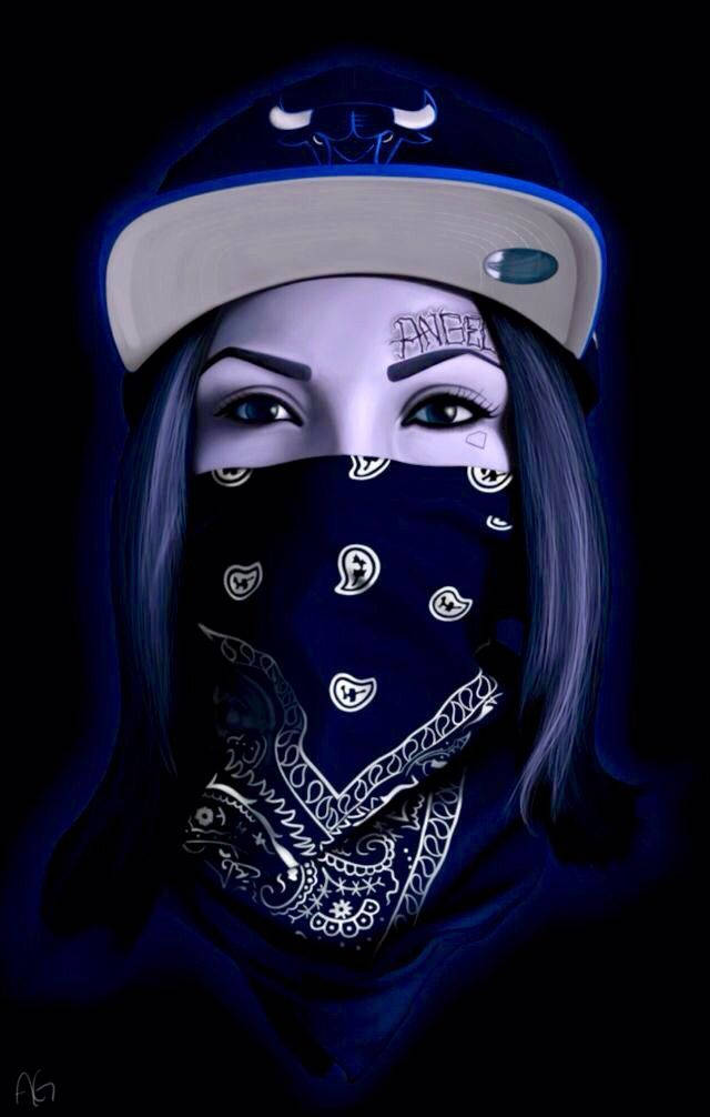 female crip, glowing blue eyes, cap, SD Phone Wallpaper