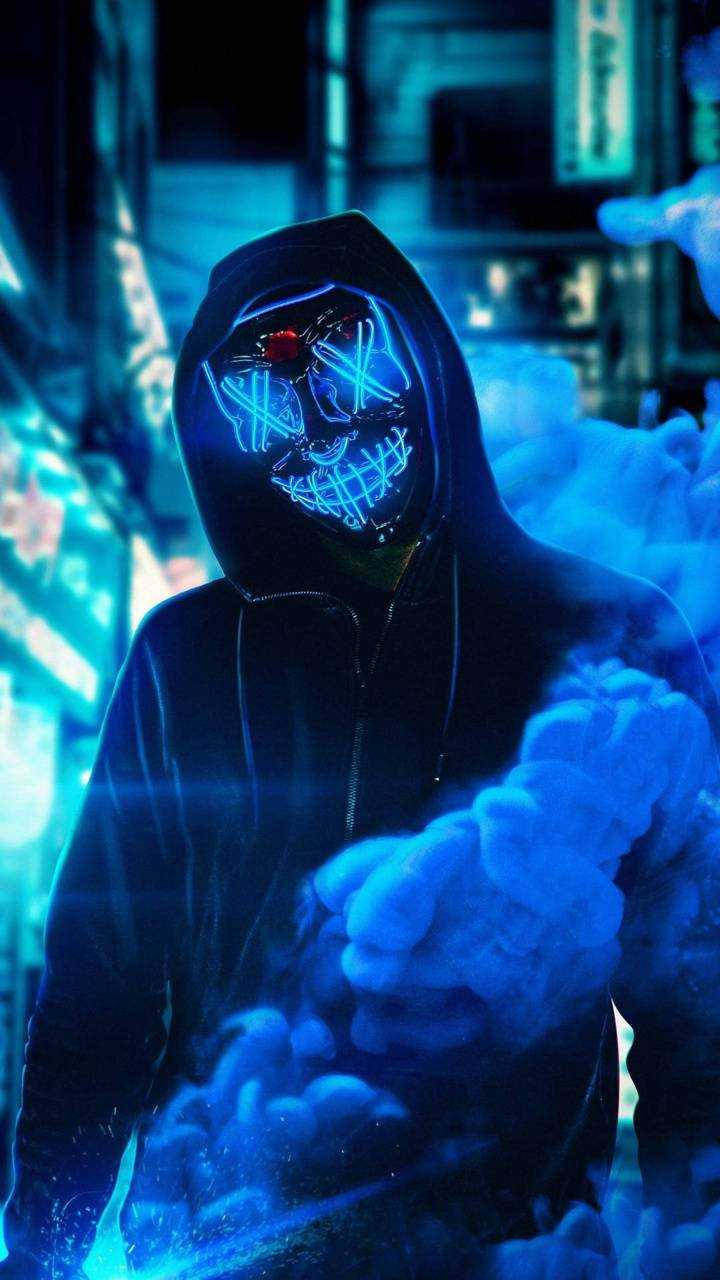 Crip, glowing blue neon skull mask, smoky urban alley, HD Phone Wallpaper
