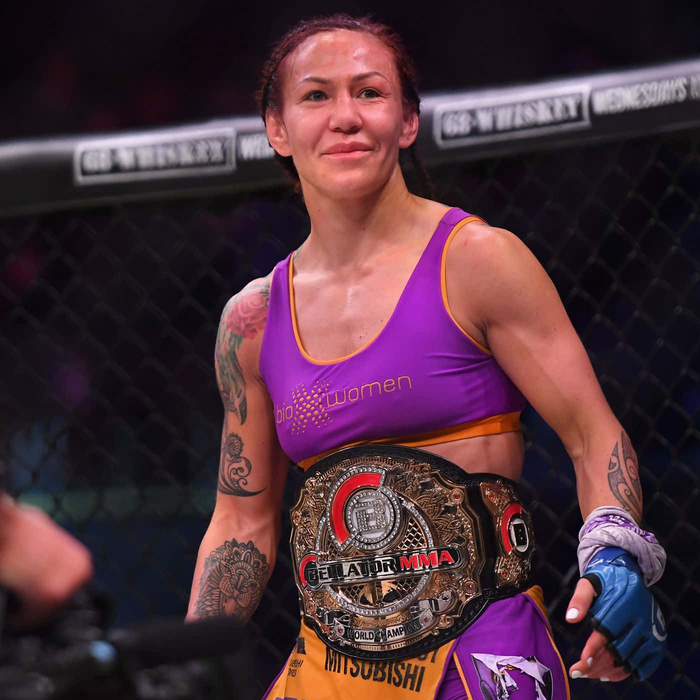 Cris Cyborg, purple top, championship belt, HD Desktop Wallpaper