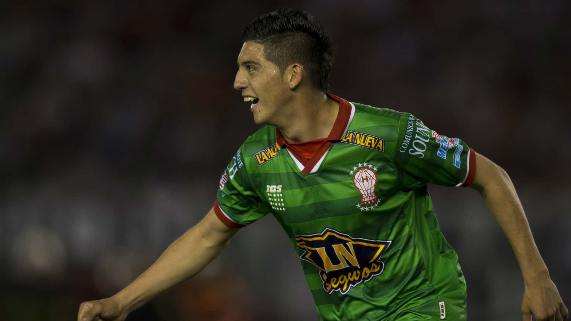 Cristian Espinoza, green and red striped jersey, stadium lights, Full HD Desktop Wallpaper