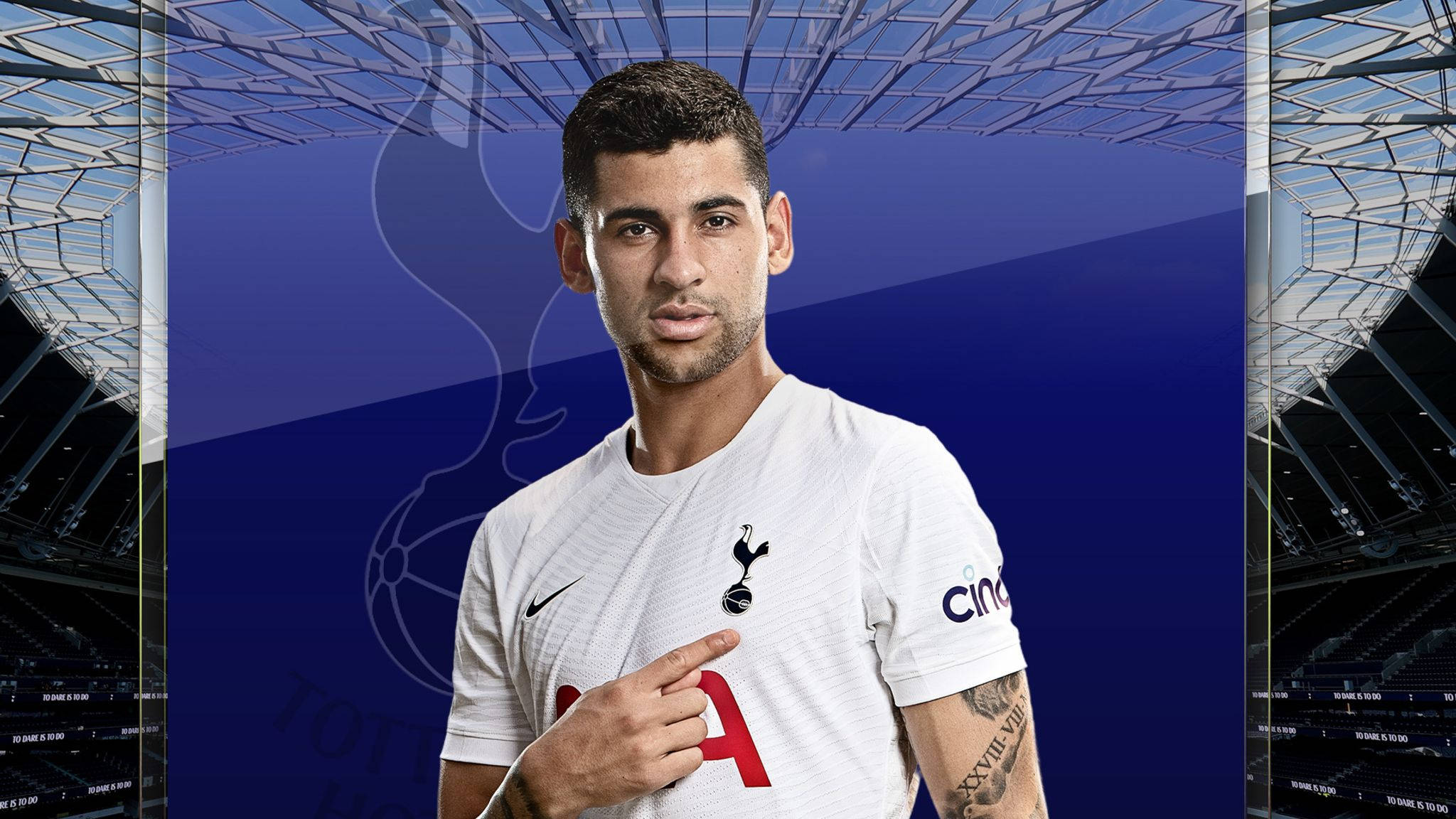 Cristian Romero, white Tottenham Hotspur jersey, blue stadium backdrop, Full HD Desktop Wallpaper