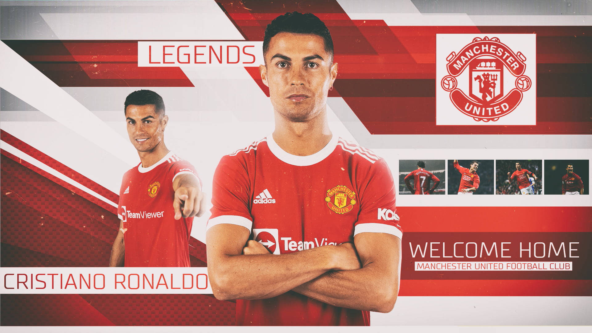 Cristiano Ronaldo, Manchester United, red and white graphic background, Full HD Desktop Wallpaper