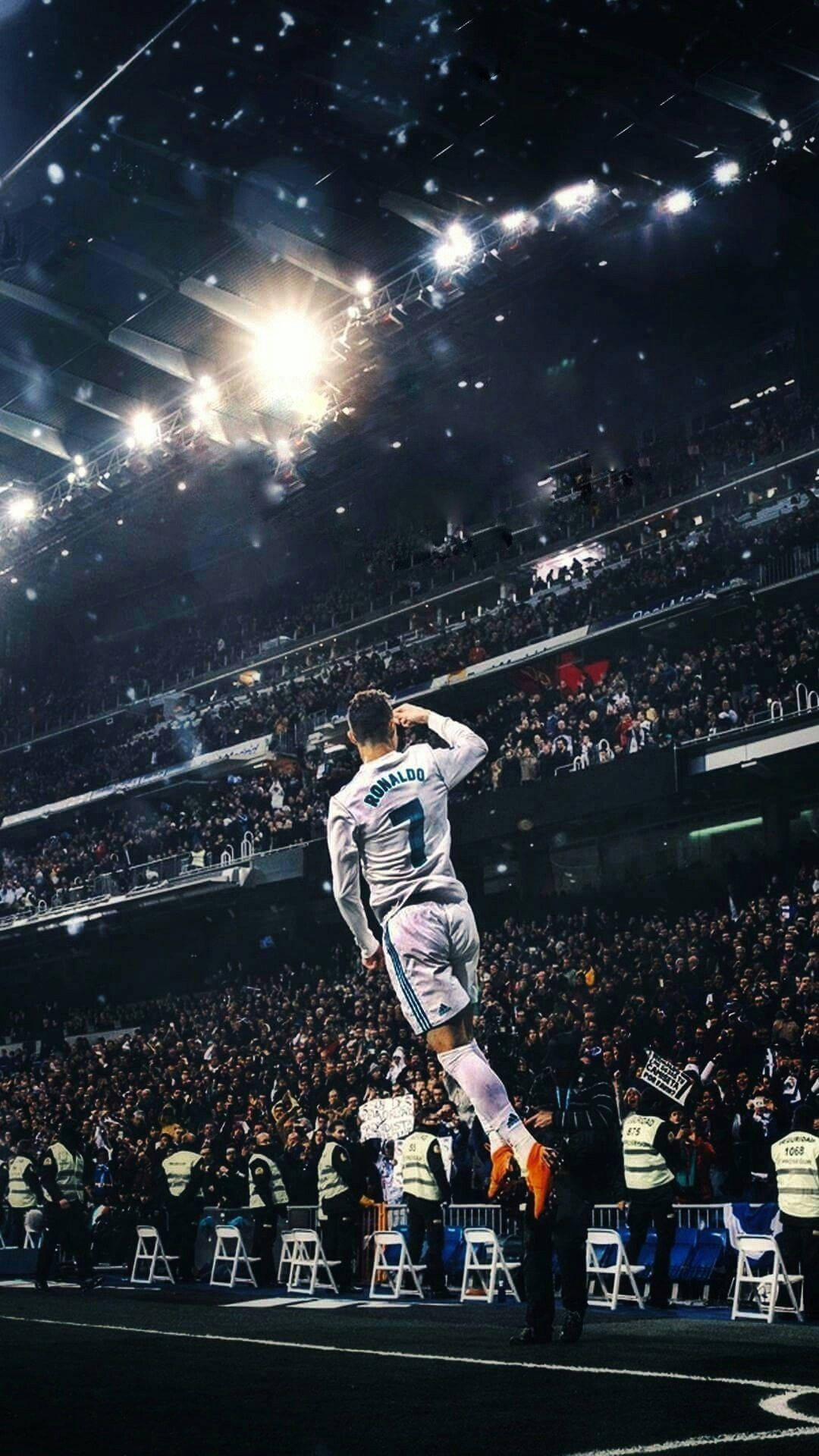 Cristiano Ronaldo, white jersey, stadium pitch, Full HD Phone Wallpaper
