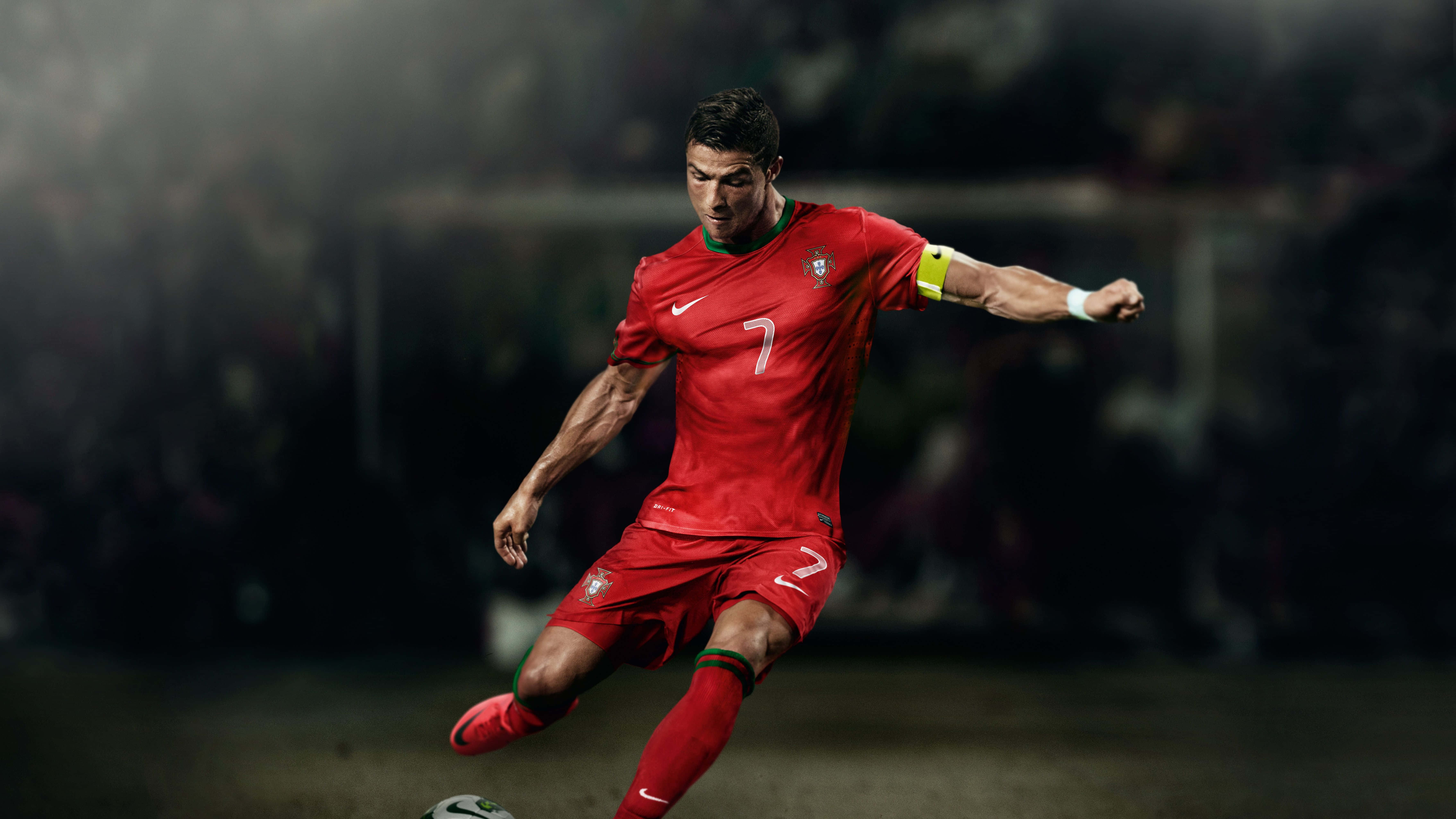 red Portugal jersey, soccer player, stadium lights, 5K Desktop Wallpaper