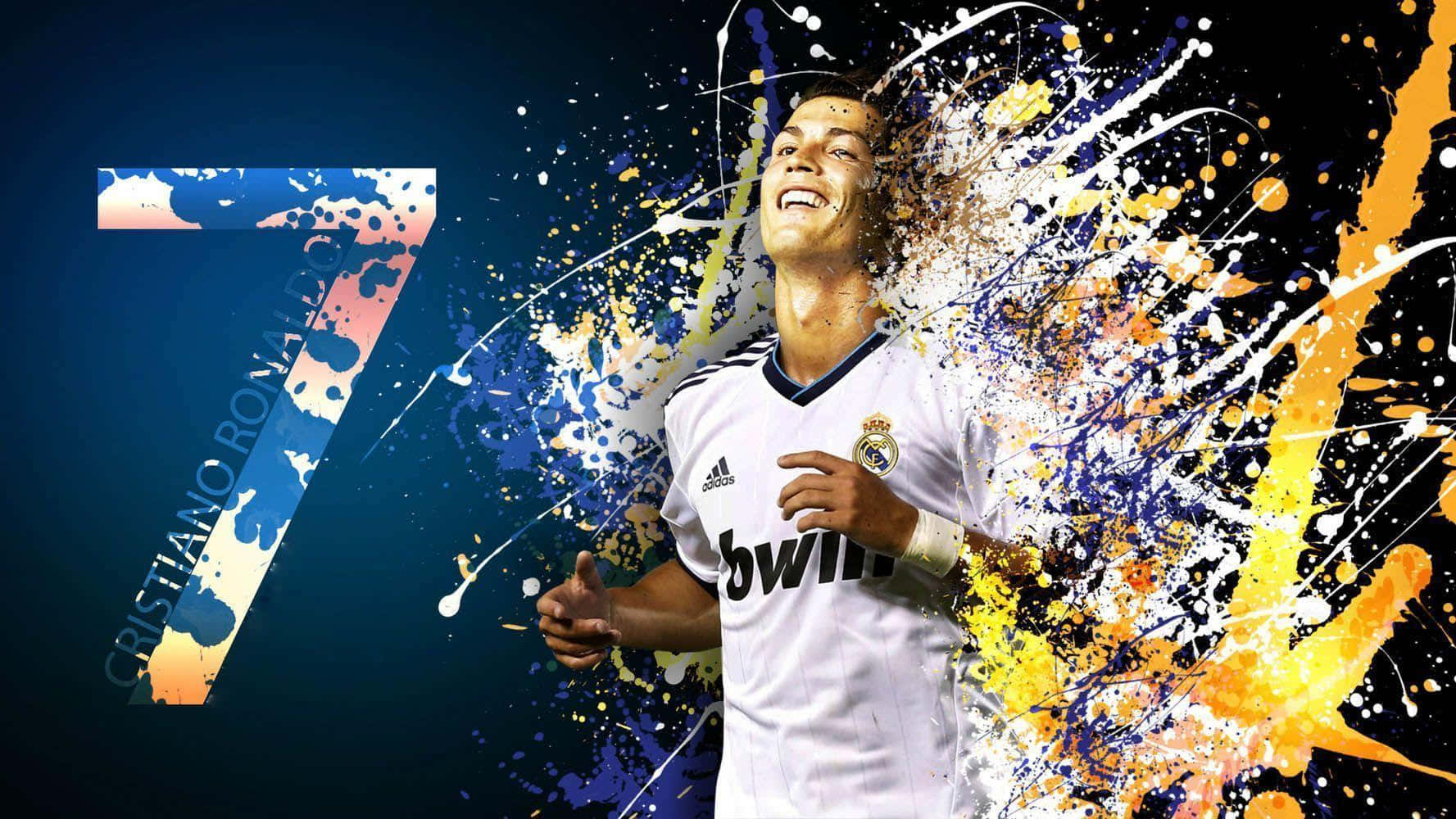 Cristiano Ronaldo, white Real Madrid jersey, colorful paint splatters, HD Desktop Wallpaper
