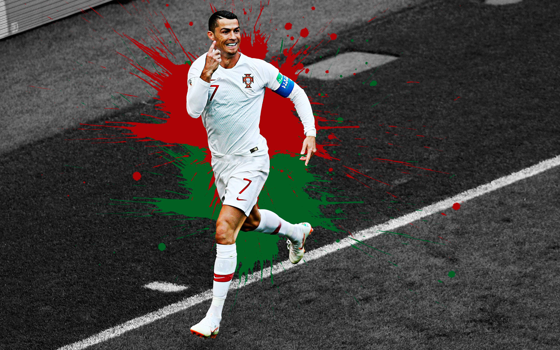 Cristiano Ronaldo, white Portugal kit, black asphalt field, Full HD Desktop Wallpaper