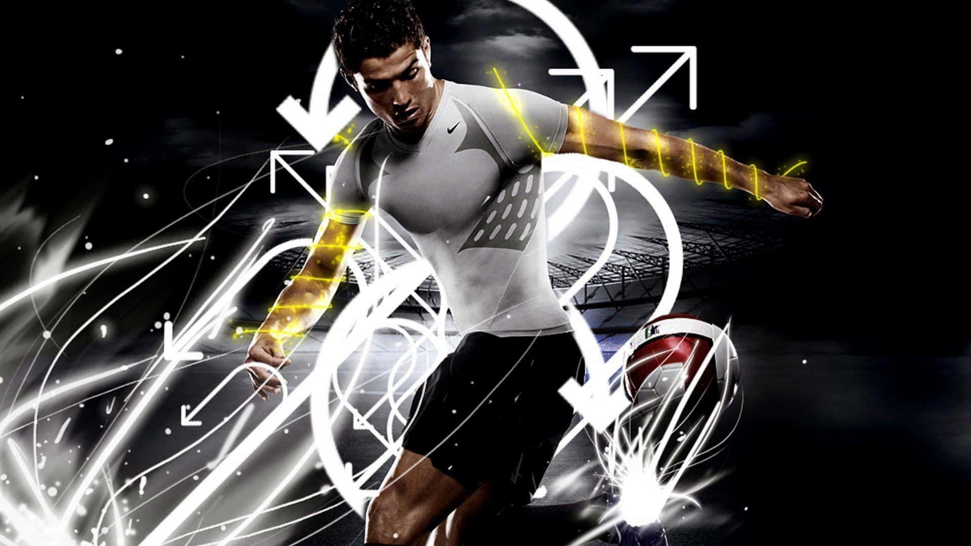 Cristiano Ronaldo, soccer player, glowing white and yellow energy lines, Full HD Desktop Wallpaper